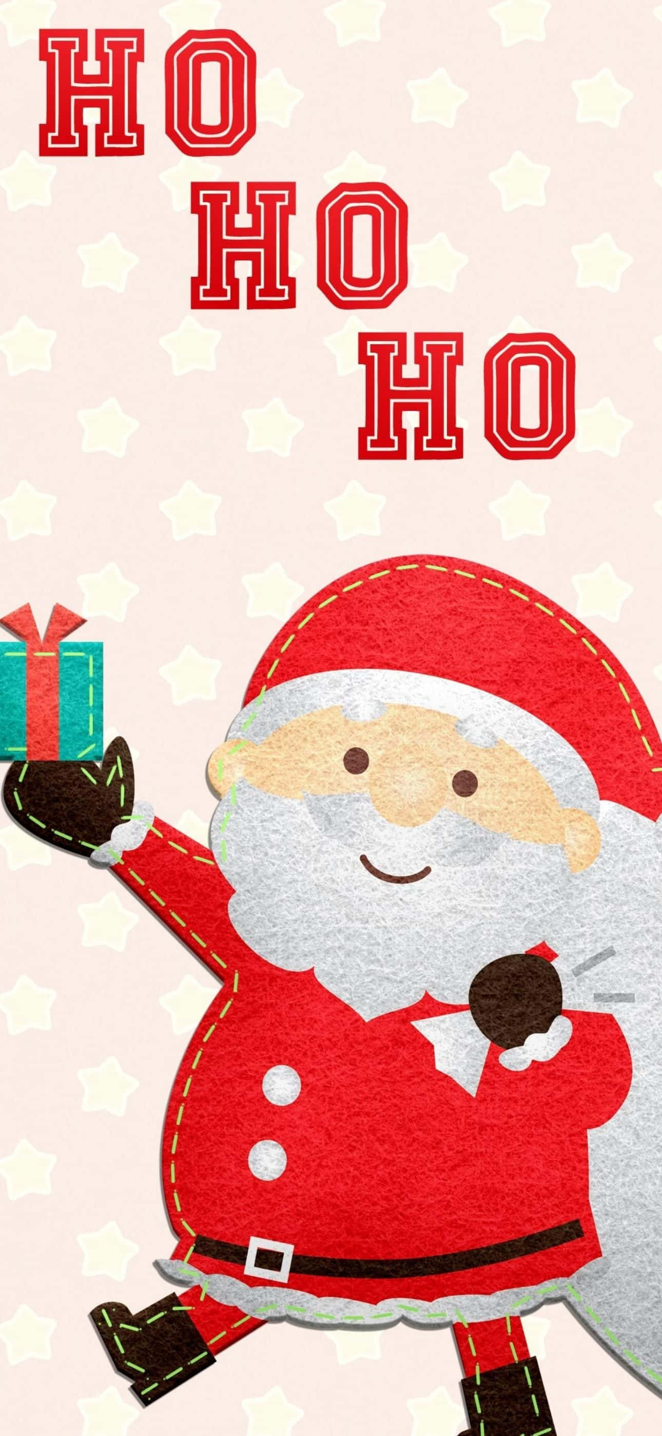 聖誕節 iPhone 桌布 壁紙 — 一個快樂的氈毛風格聖誕老人，在粉紅色背景上拿著禮物，背景有白色星星和紅色 'ho ho ho' 文字。