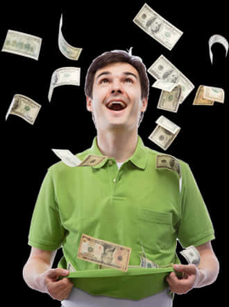 Money Falling 桌布 壁紙 — 一個快樂的男人穿著綠色Polo衫，在黑色背景前，美元鈔票如雨般落在他周圍，他大笑著。