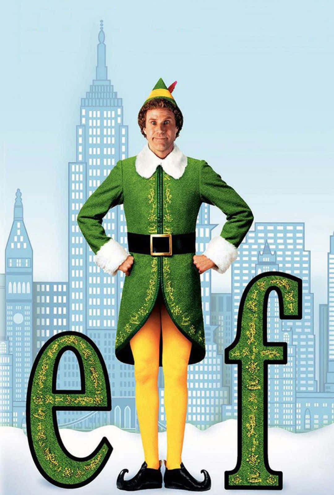 Elf 桌布 壁紙 — 一個快樂的男人穿著綠色精靈服裝，自信地站在雪景城市天際線前，巨大的裝飾字母拼出「elf」。