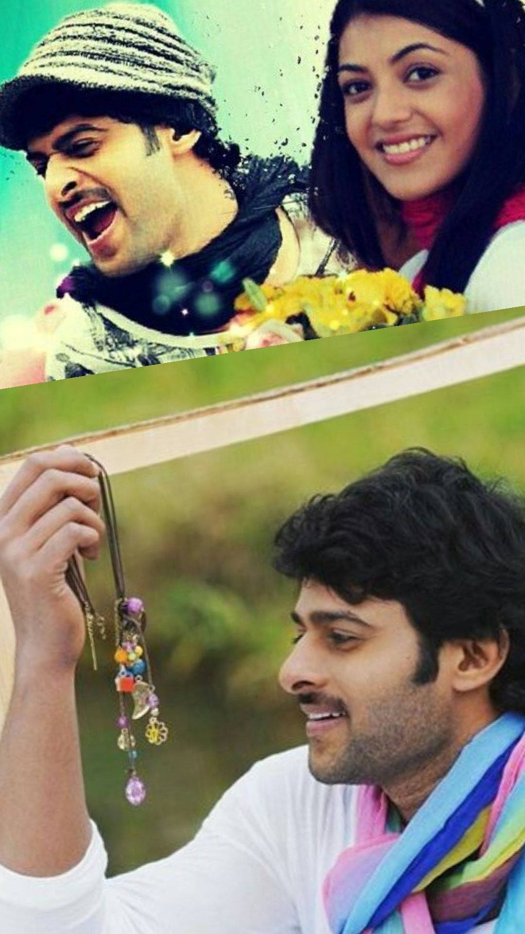 Prabhas 桌布 壁紙 — 一個快樂的男人與一個女人一起大笑，同時在明亮的戶外場景中手持彩色珠子。