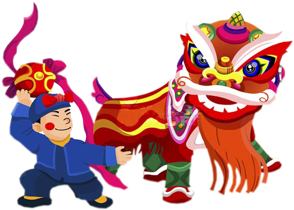 龍 桌布 壁紙 — 一個快樂的男孩穿著藍色服裝，在黑色背景前引導一個鮮豔的紅色和金色舞獅木偶。