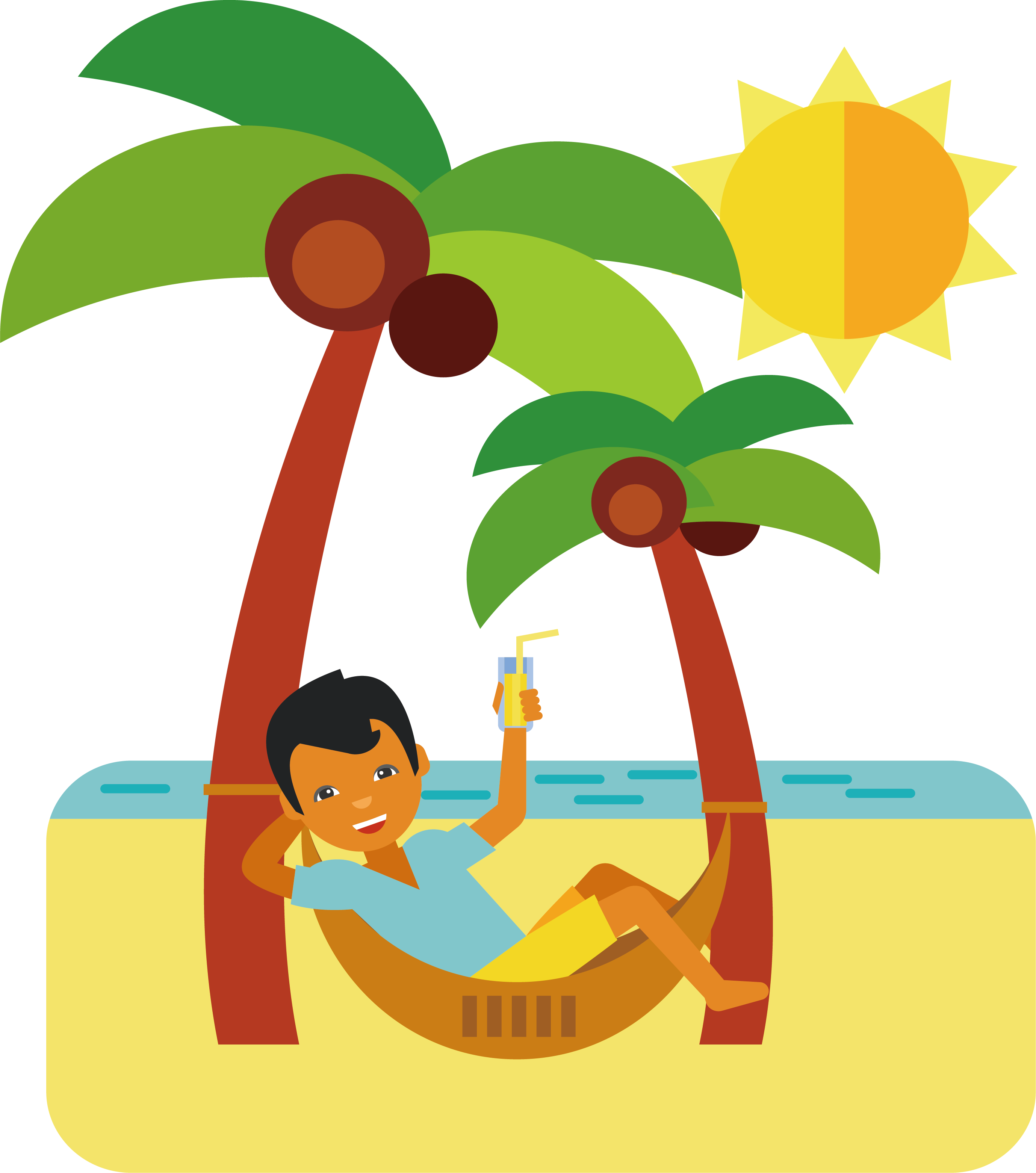 Clip Art 桌布 壁紙 — 一個快樂的男孩躺在棕櫚樹之間的吊床上，在陽光明媚的沙灘上啜飲飲料。