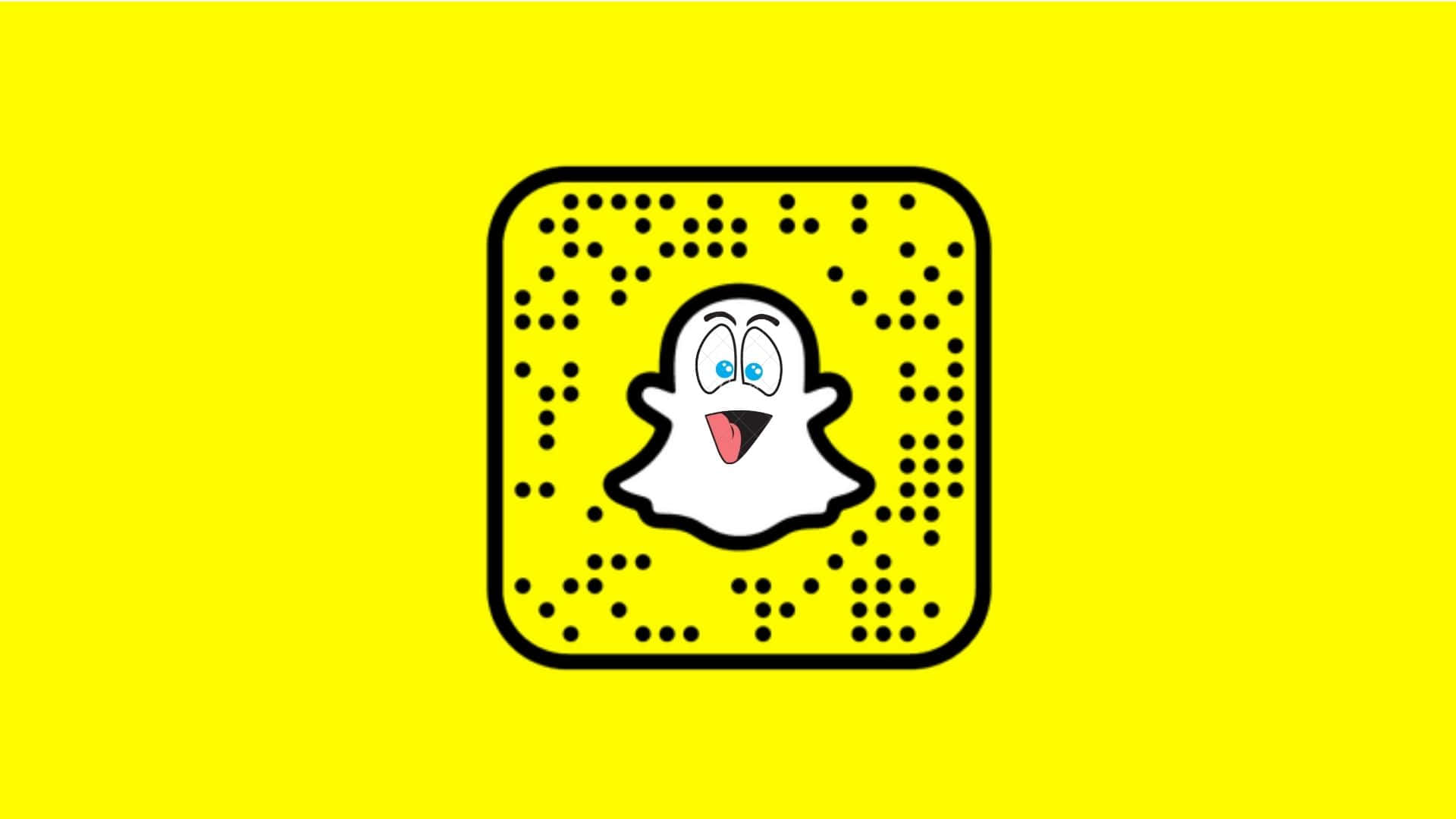 Snapchat 桌布 壁紙 — 一個快樂的白色鬼魂吉祥物，藍色眼睛和粉紅色舌頭，位於黑色邊框的黃色正方形QR碼中央。