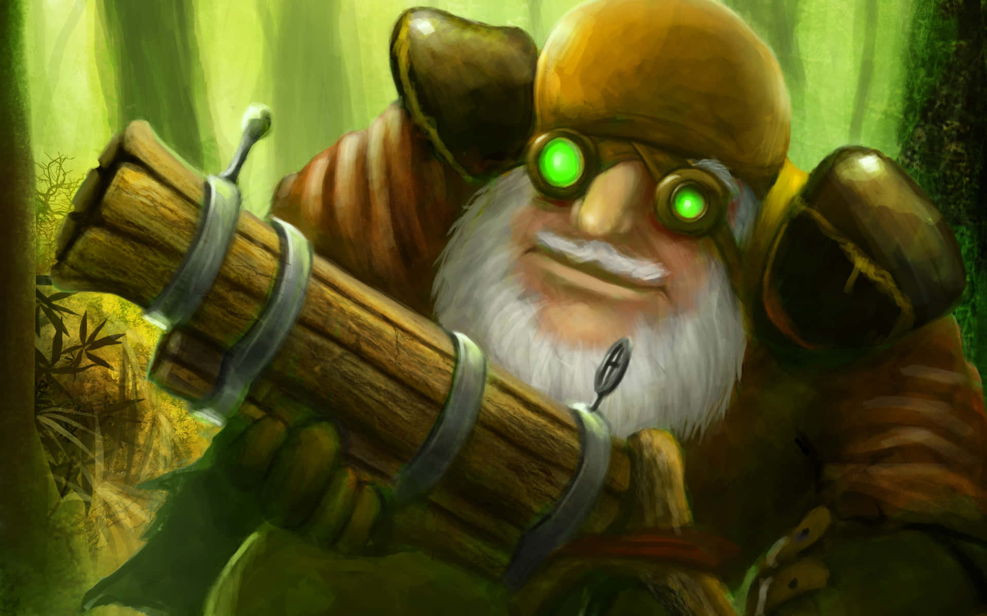 Dota 2 Sniper 桌布 壁紙 — 一個快樂的矮人，戴著發光的綠色護目鏡，留著白鬍子，在茂密的綠色森林中拿著一個大木砲。