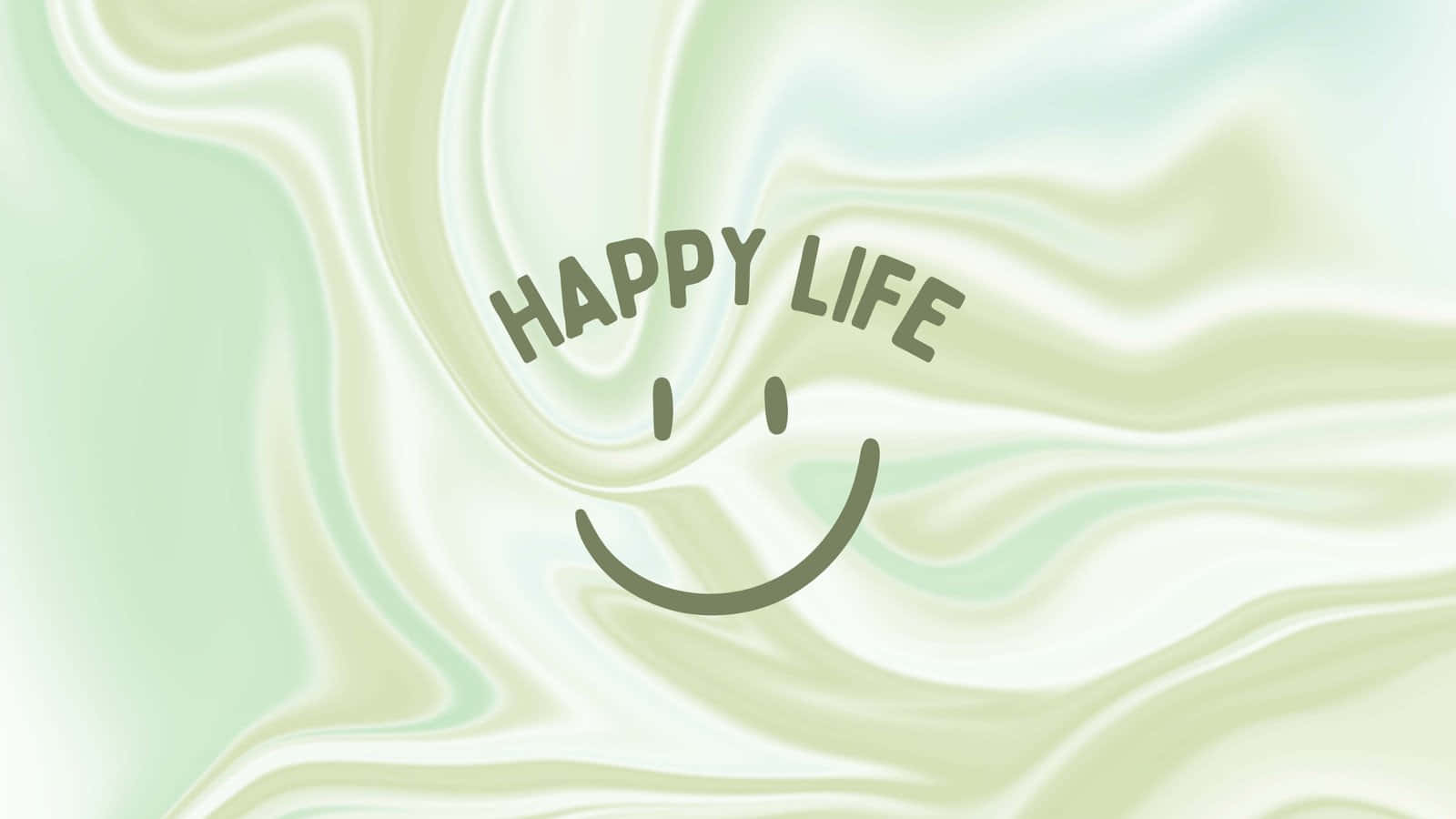笑臉 桌布 壁紙 — 一個快樂的笑臉，帶有「HAPPY LIFE」文字，漂浮在柔和的漩渦薄荷綠和白色抽象背景上。