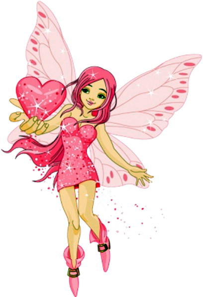 Fairy Wings 桌布 壁紙 — 一個快樂的粉紅色仙女，閃閃發光的翅膀，在黑色背景上拿著一個閃爍的心形。