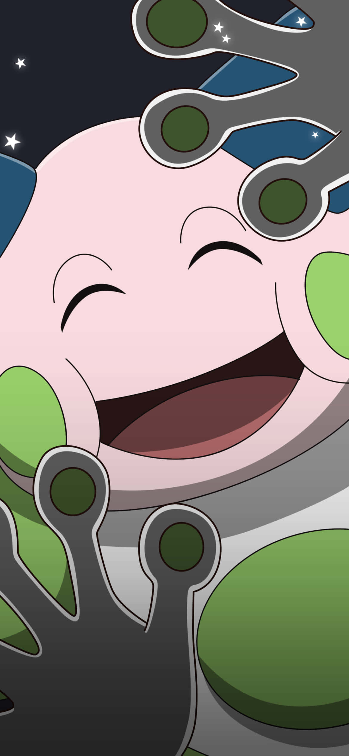 Mr. Mime 桌布 壁紙 — 一個快樂的粉紅色卡通生物，有綠色四肢，在星空夜空下大笑。
