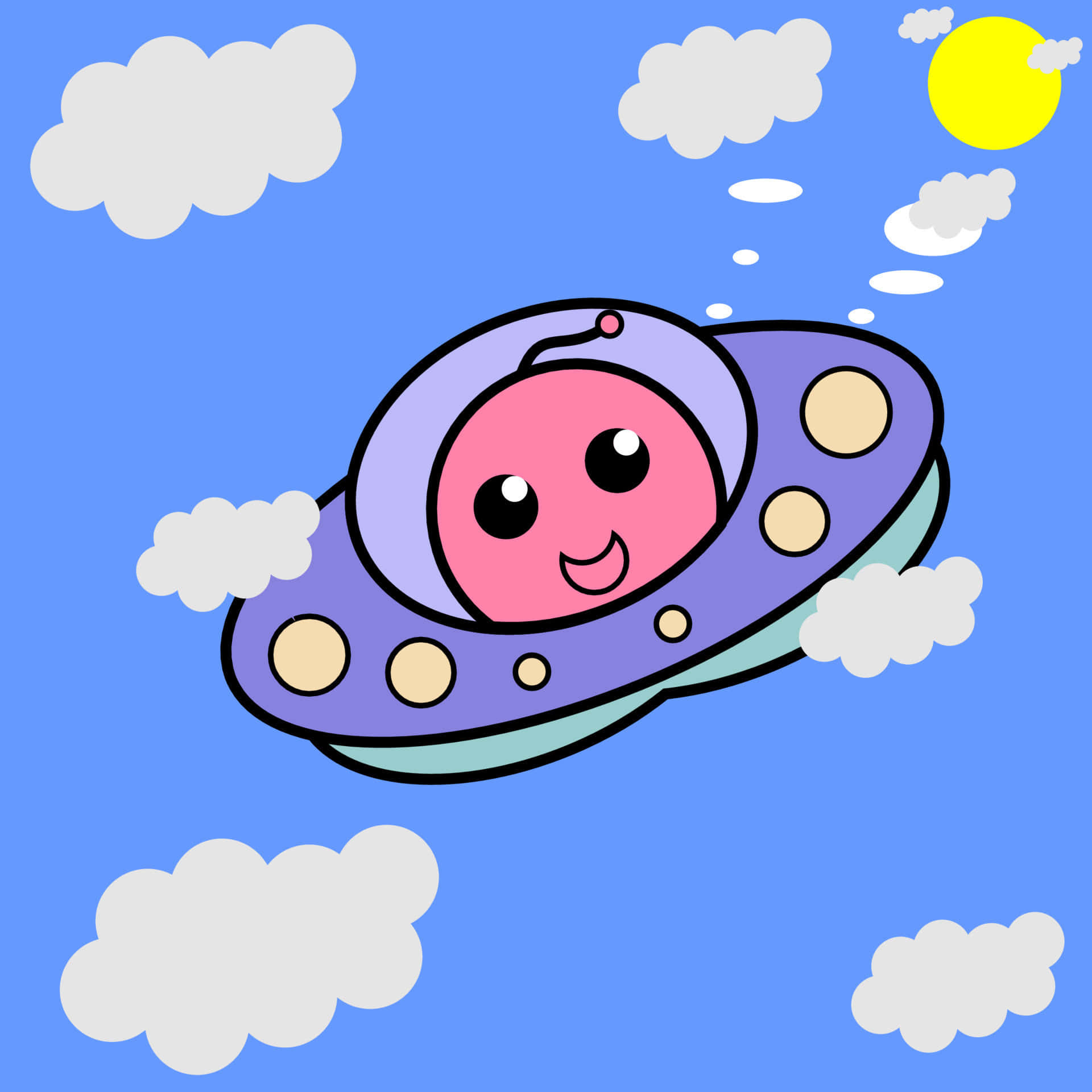 Cartoon Alien 桌布 壁紙 — 一個快樂的粉紅色外星人坐在紫色UFO裡，微笑著飛過有 fluffy 雲朵和黃色太陽的明亮藍天。