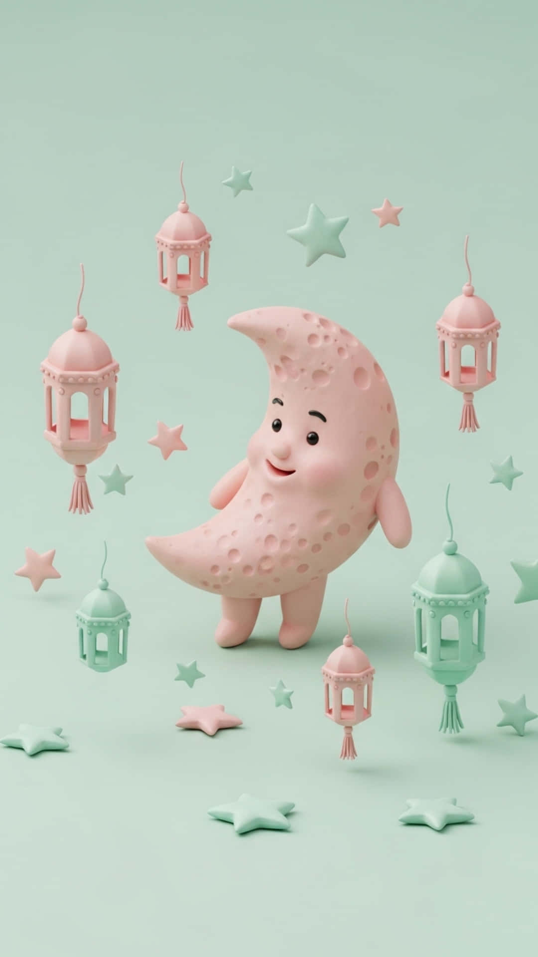 Ramadan Background with Crescent Moon, Mosque and Lanterns 壁紙 — 一個快樂的粉紅色月亮角色，有手臂和腿，站在薄荷綠色背景上漂浮的柔和燈籠和星星之間。
