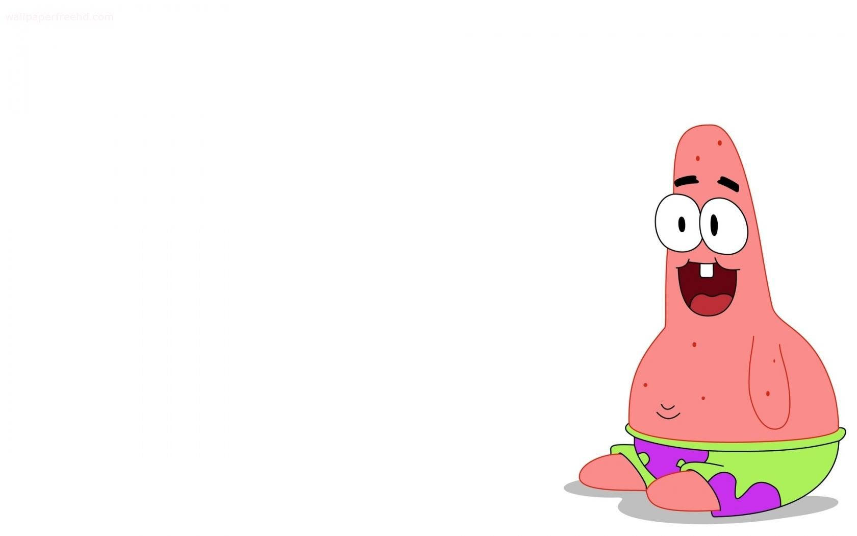 Patrick 桌布 壁紙 — 一個快樂的粉紅色海星角色，有大眼睛和燦爛的笑容，坐在一個綠色碗上，背景是純白色。