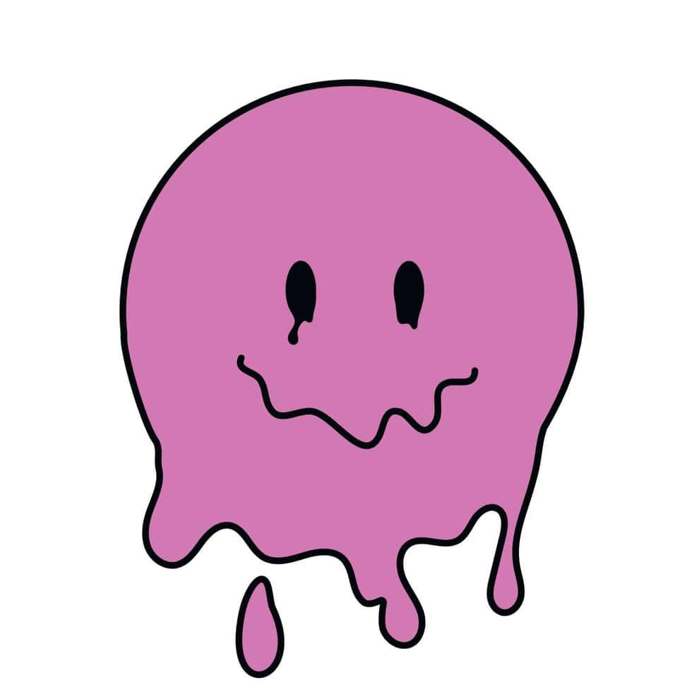 Aesthetic Trippy Smiley Face 桌布 壁紙 — 一個快樂的粉紅色融化團塊，帶有波浪形的微笑和滴落的水滴，背景為白色。