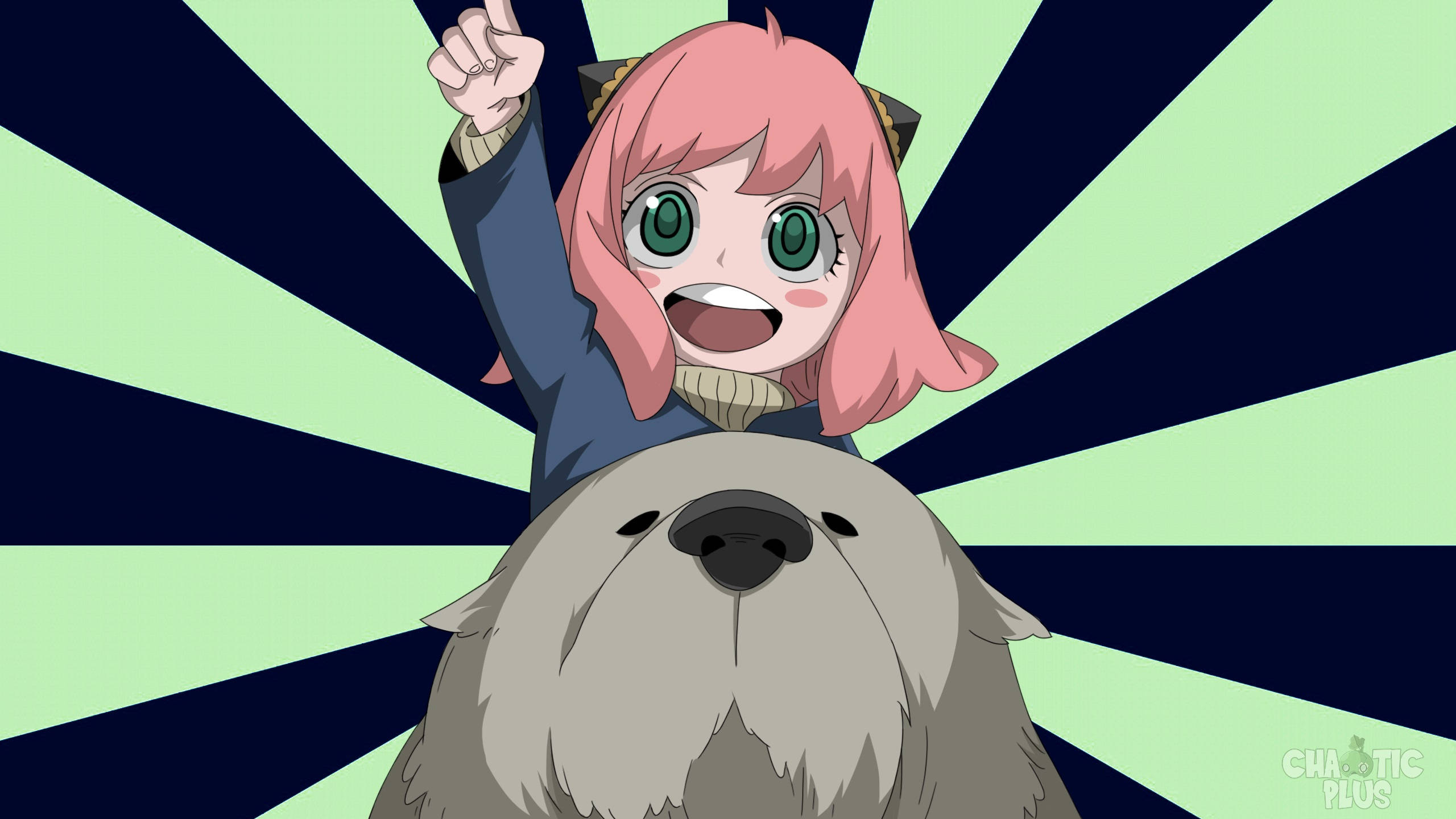 Top Anime 桌布 壁紙 — 一個快樂的粉紅色頭髮、綠色眼睛的動漫女孩騎著一隻毛茸茸的灰色狗，背景是鮮明的綠色和海軍藍色放射狀背景。