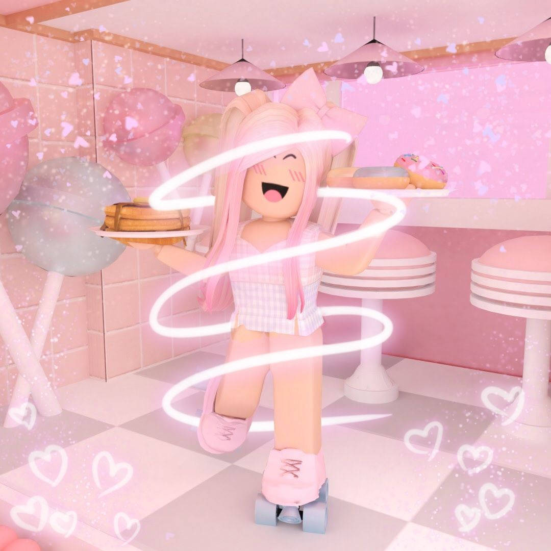 高清 桌布 壁紙 — 一個快樂的粉紅色頭髮Roblox角色穿著溜冰鞋，在一個夢幻的粉紅色餐廳裡提供煎餅和甜甜圈，周圍有漂浮的心形和巨大的棒棒糖。