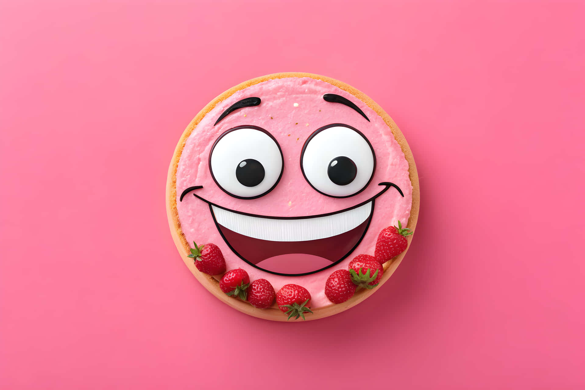 Best funny face emoji art wallpaper 壁紙 — 一個快樂的粉紅色馬卡龍，帶有卡通眼睛和燦爛的笑容，在純粉紅色背景上裝飾著新鮮草莓。