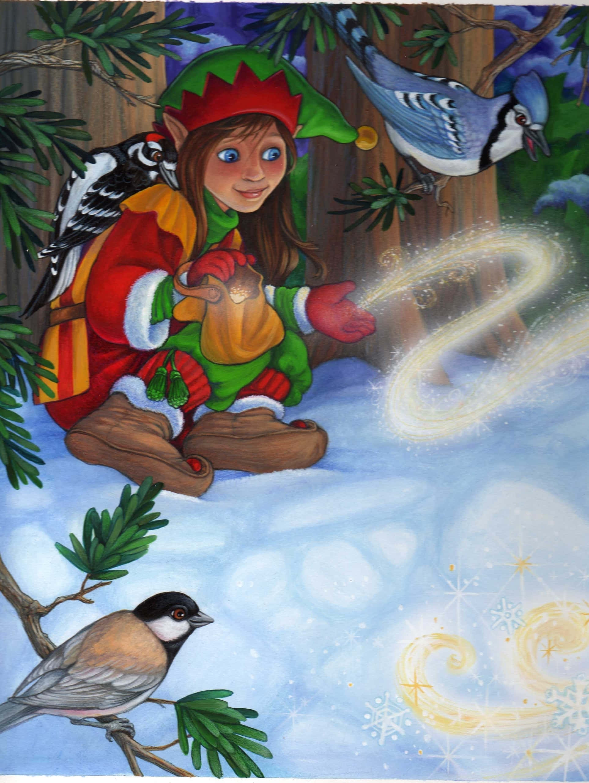 Elf 桌布 壁紙 — 一個快樂的精靈穿著節日服裝坐在雪地森林中，釋放出發光的魔法漩渦，鳥兒在附近棲息。