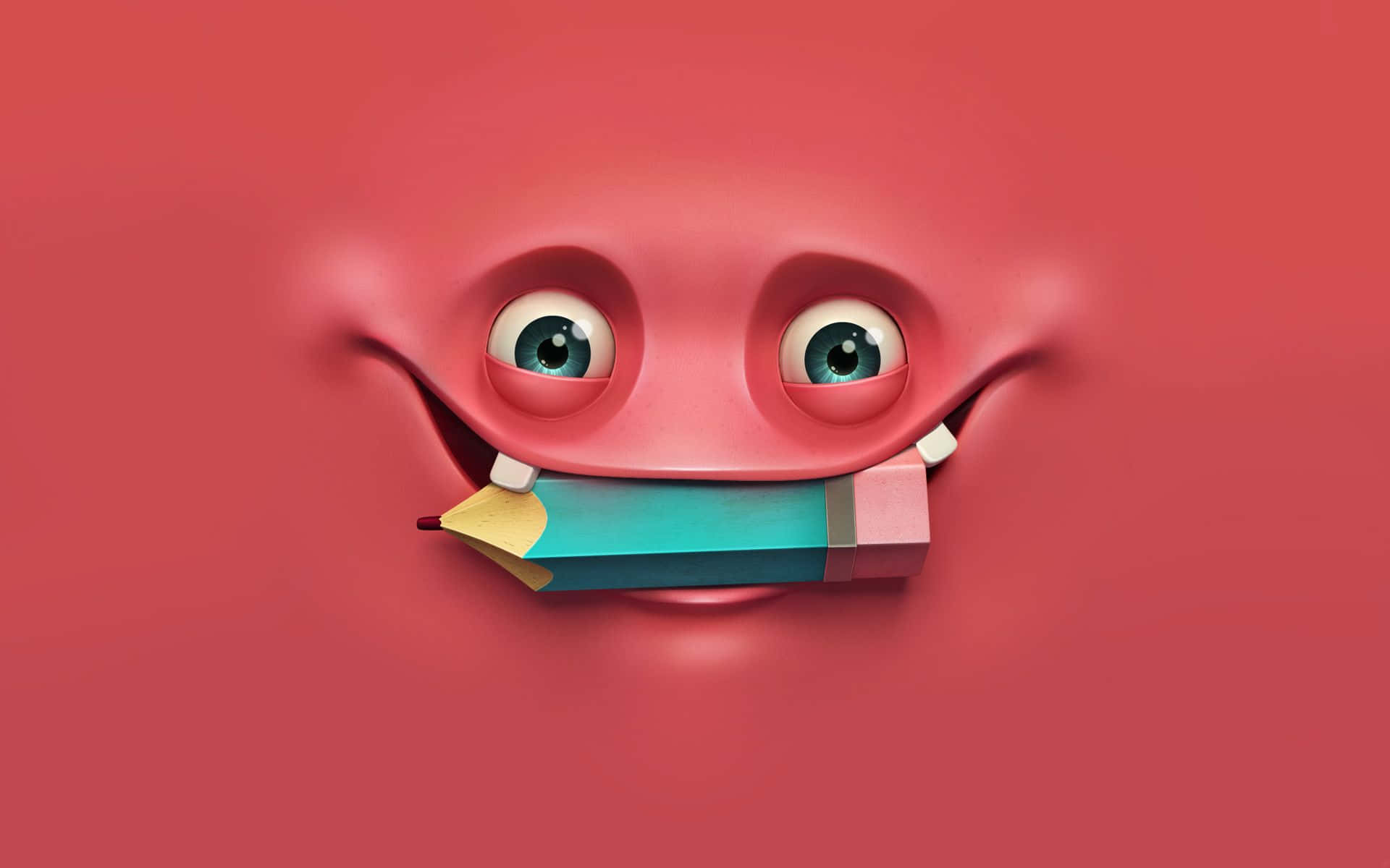 Funny Face 桌布 壁紙 — 一個快樂的紅色3D渲染生物，大眼睛，嘴裡叼著鉛筆，在純紅色背景上微笑。