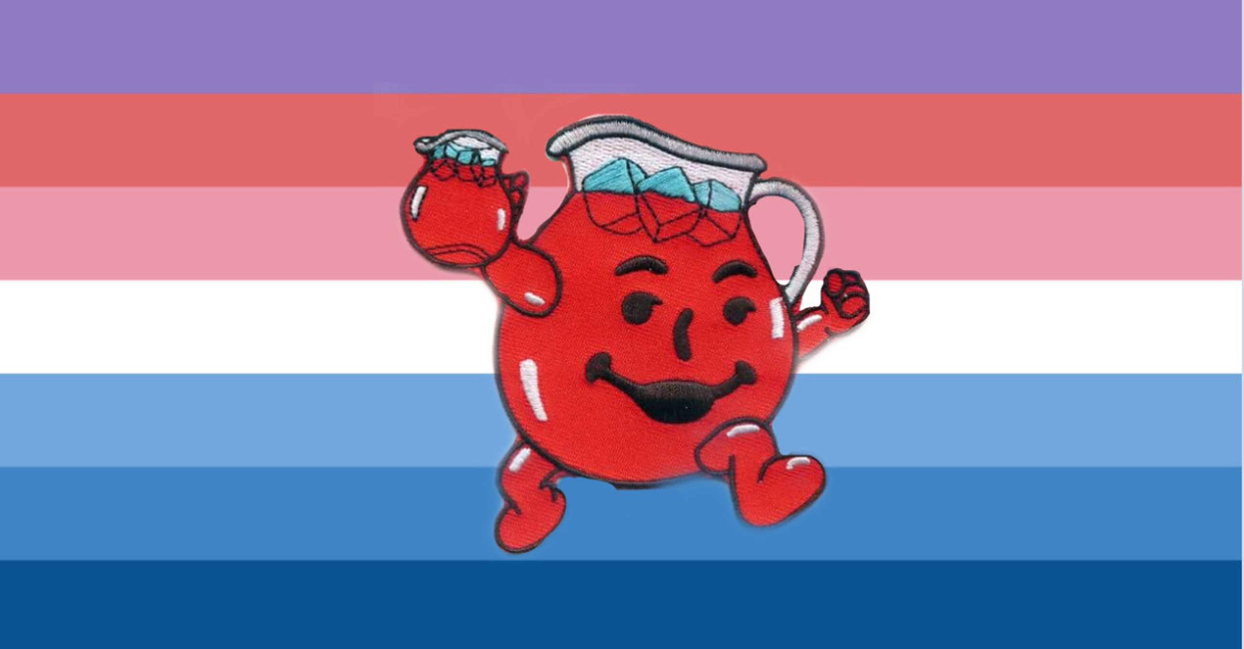 Kool Aid 小幫手 桌布 壁紙 — 一個快樂的紅色Kool-Aid Man吉祥物在充滿活力的跨性別驕傲旗背景前歡快地跳舞。
