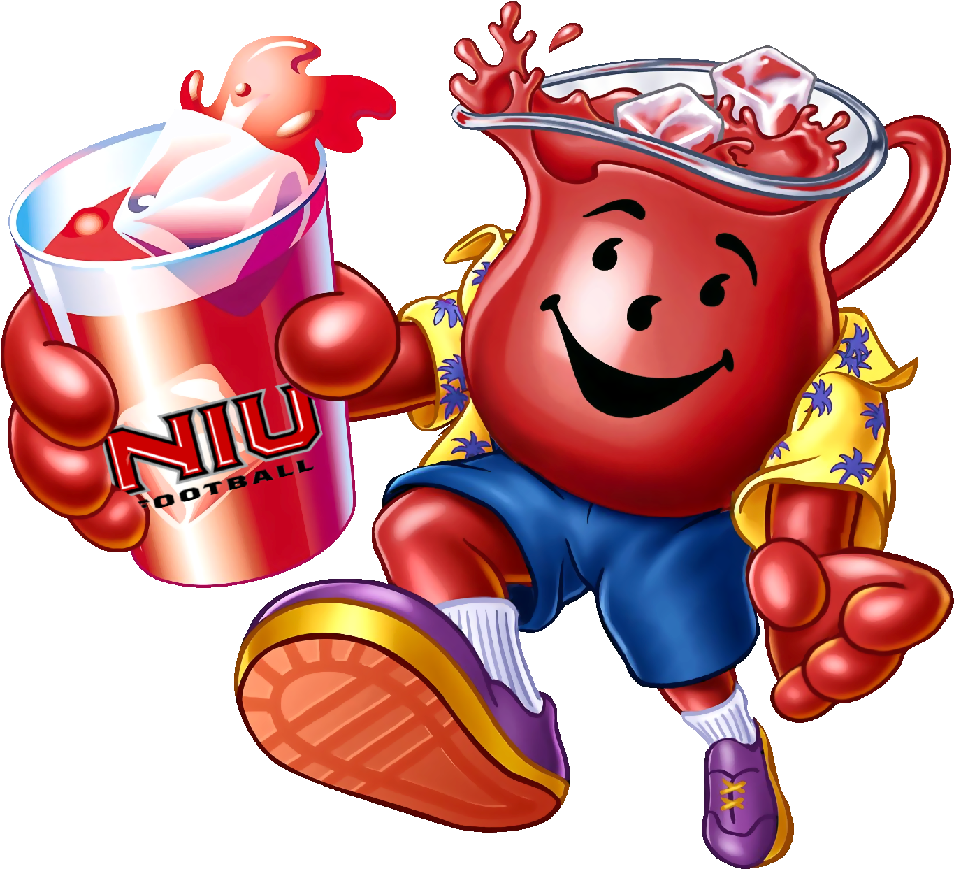 Kool Aid 小幫手 桌布 壁紙 — 一個快樂的紅色卡通吉祥物，形狀像一個水壺，拿著一個標有 NIU FOOTBALL 的杯子，穿著藍色短褲和紫色運動鞋。