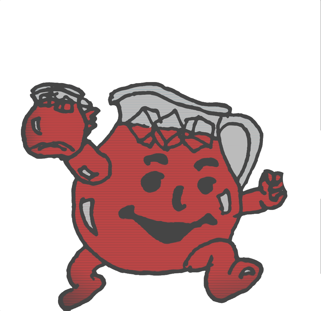 Kool Aid 小幫手 桌布 壁紙 — 一個快樂的紅色卡通水壺角色，面帶微笑，高舉雙臂慶祝，背景為黑色。