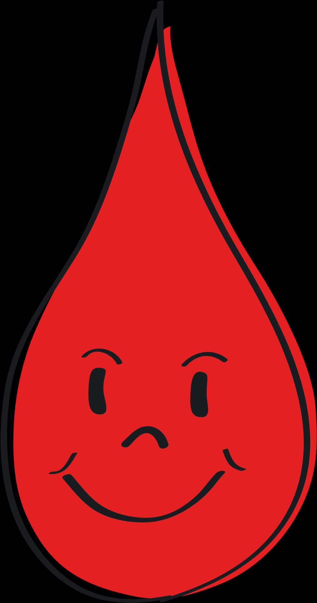 Blood Dripping 桌布 壁紙 — 一個快樂的紅色卡通血滴，帶有黑色輪廓的笑臉，背景為純黑色。
