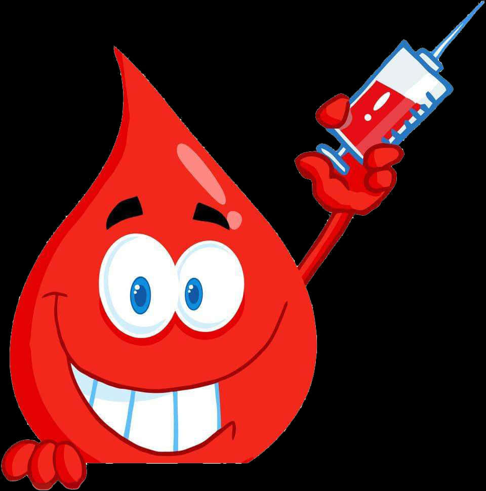 Blood Dripping 桌布 壁紙 — 一個快樂的紅色卡通血滴，有藍色眼睛和白色牙齒，在黑色背景前舉起一支裝滿紅色液體的注射器。
