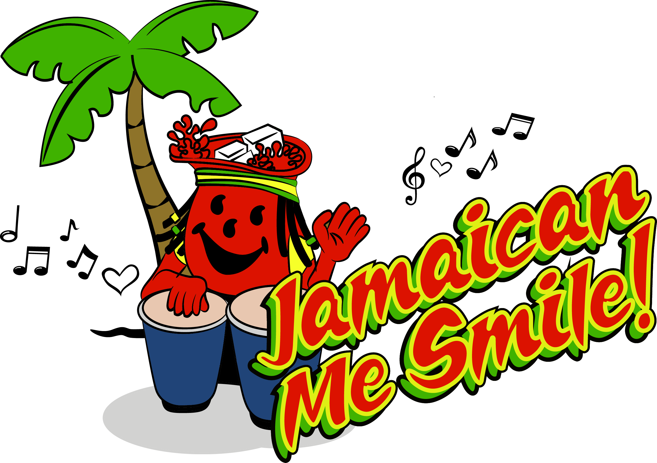 Kool Aid Man 桌布 壁紙 — 一個快樂的紅色卡通角色，梳著辮子，在棕櫚樹下打邦戈鼓，周圍漂浮著音符。