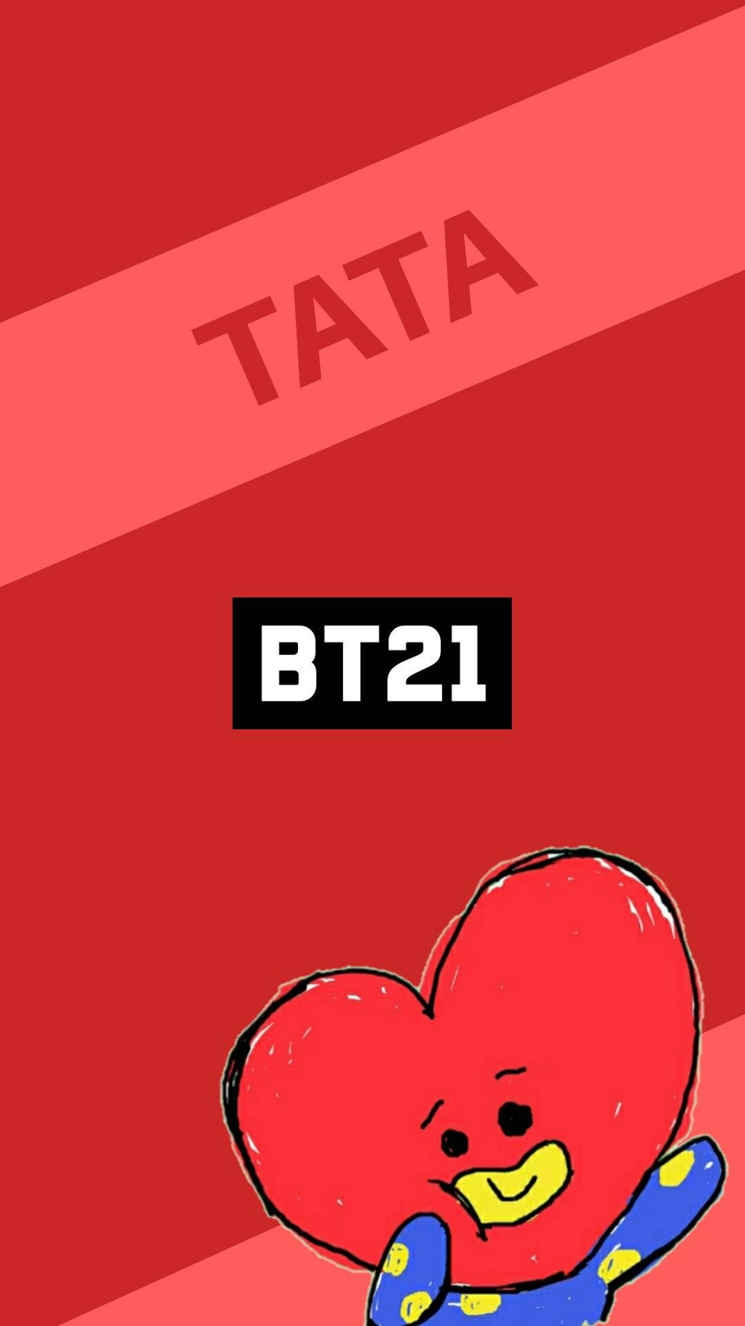 tata bt21 桌布 壁紙 — 一個快樂的紅色心形BT21角色微笑著，穿著藍色圓點襯衫，背景是漸變紅色，帶有'TATA'和'BT21'文字。