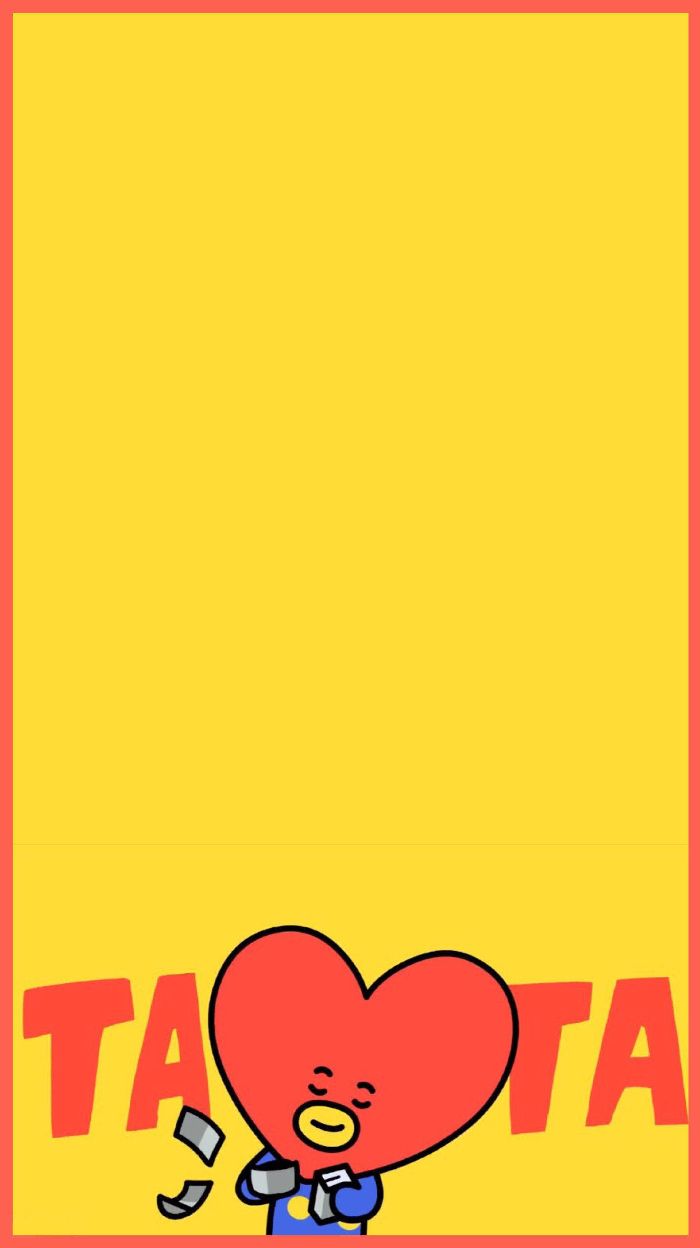 tata bt21 桌布 壁紙 — 一個快樂的紅色心形角色，有黃色喙和藍色手臂，在明亮的黃色背景上拿著電話，並有粗體紅色文字。