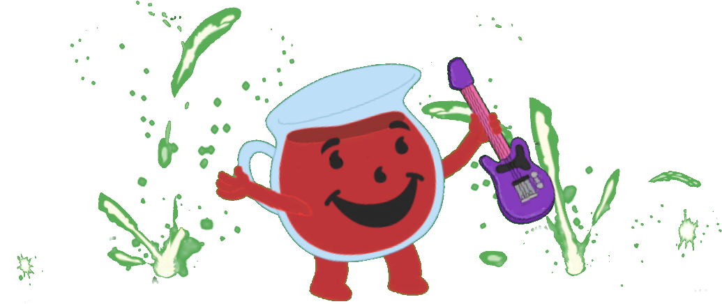 Kool Aid 小幫手 桌布 壁紙 — 一個快樂的紅色水壺角色，帶有白色蓋子，在黑色背景上的綠色飛濺中彈奏紫色吉他。