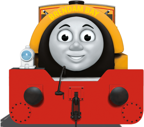 Thomas Friends 桌布 壁紙 — 一個快樂的紅色火車引擎，帶有微笑的臉，黃色前面寫著「Brendam Bay」。