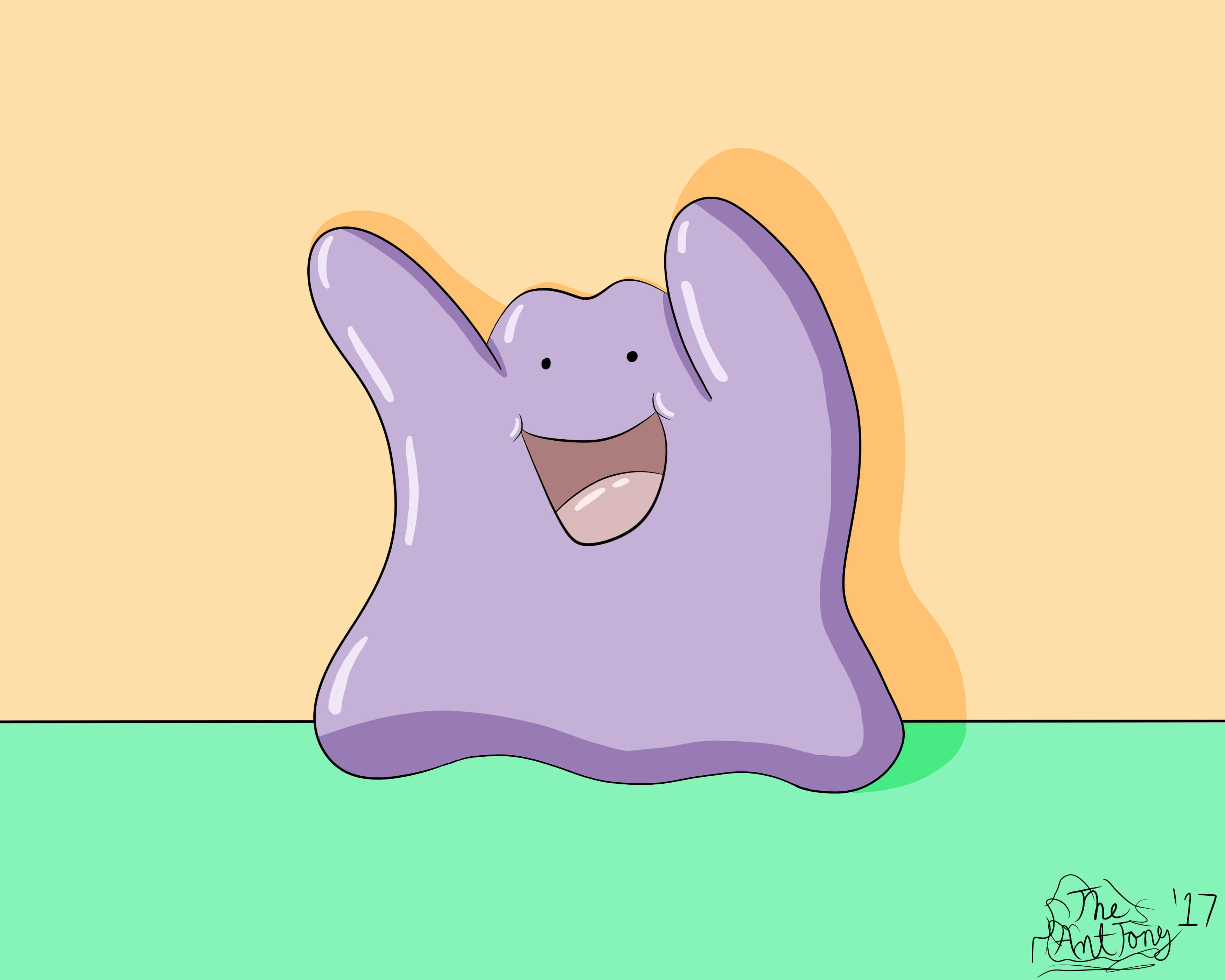 Pokemon Funny 桌布 壁紙 — 一個快樂的紫色波波生物，咧嘴大笑，舉起雙臂，站在溫暖的黃色背景前。