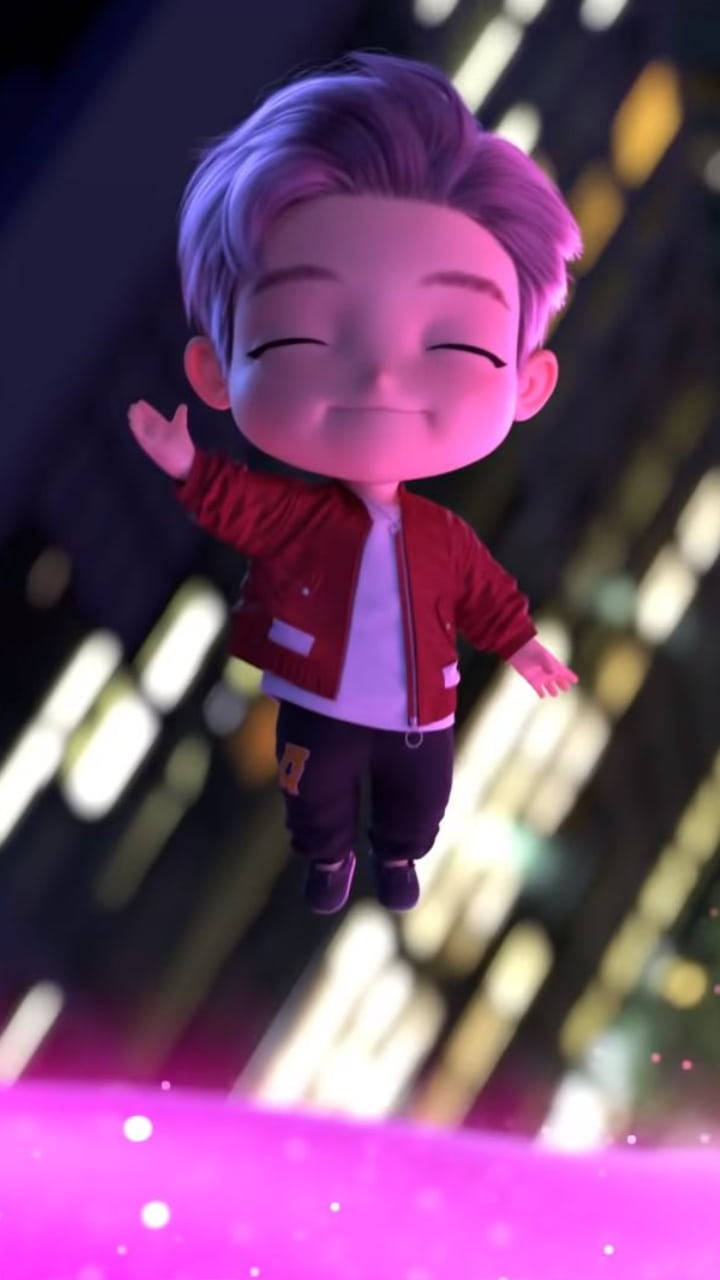 Tinytan 桌布 壁紙 — 一個快樂的紫髮Q版動畫男孩在夜間模糊的霓虹城市背景下，愉快地漂浮在發光的粉紅色表面上。