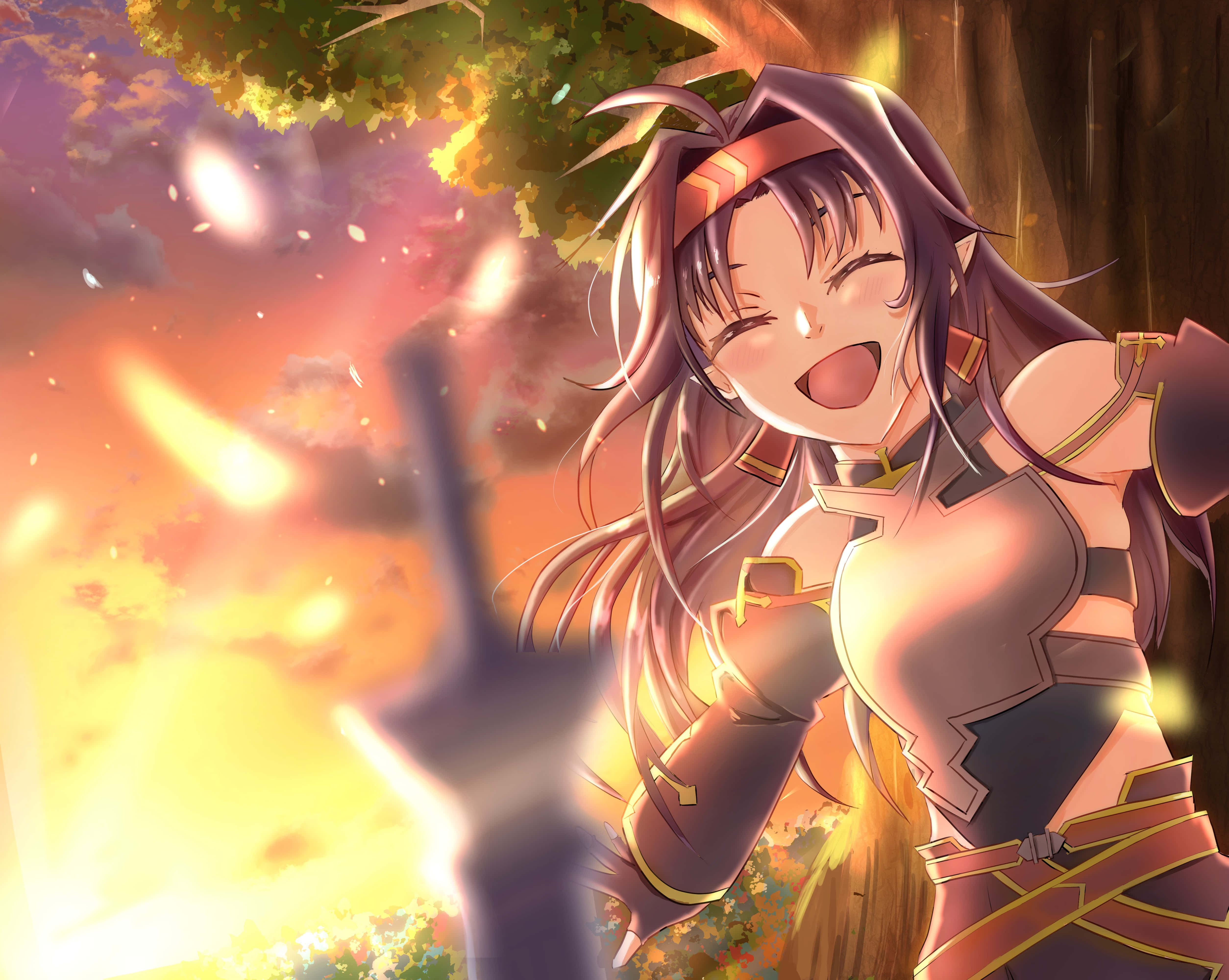 Yuuki Konno 桌布 壁紙 — 一個快樂的紫髮動漫女孩在金色秋天下，樹葉旋轉環繞時燦爛大笑。