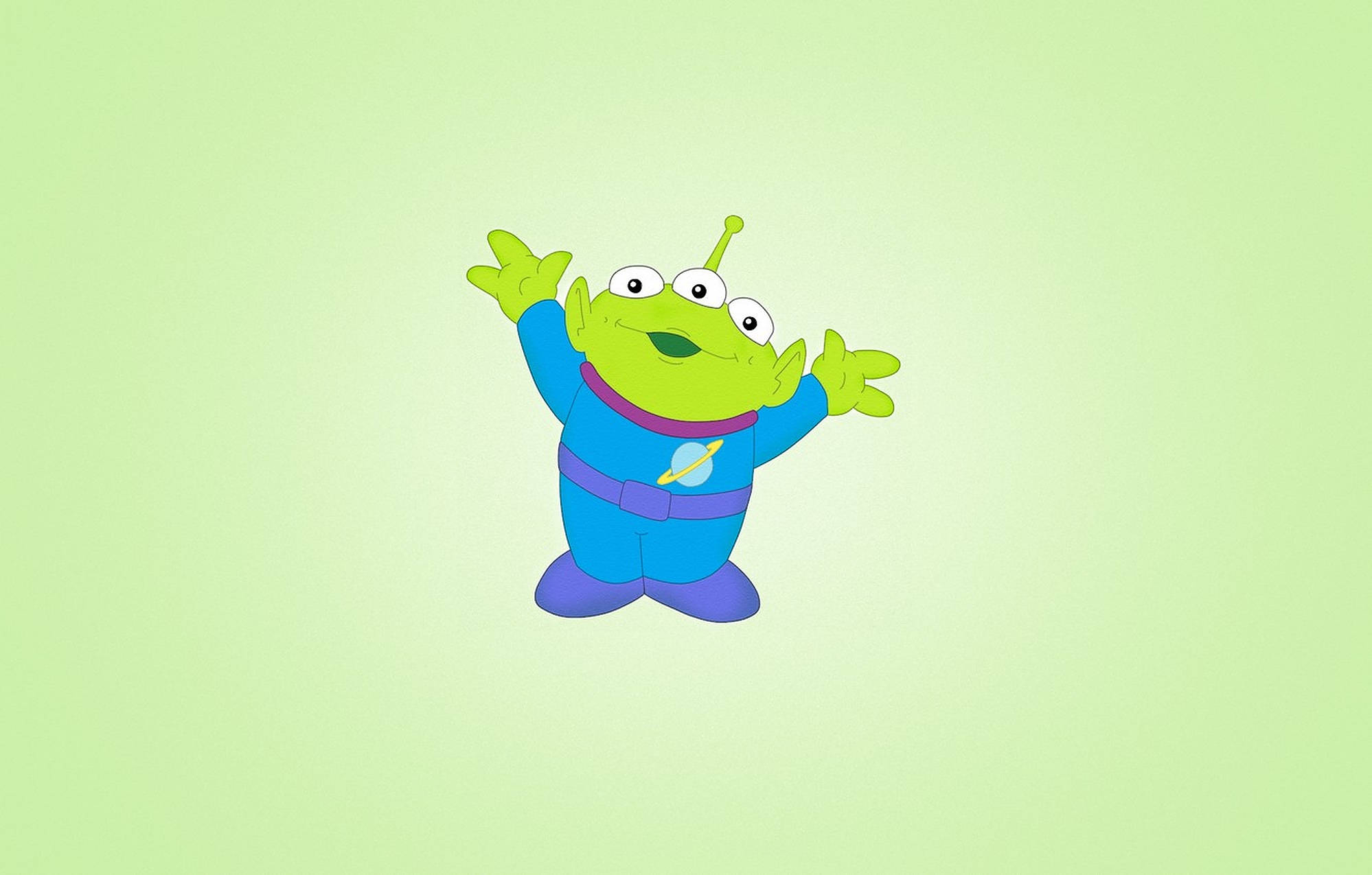 Toy Story Alien 桌布 壁紙 — 一個快樂的綠色三眼外星人，帶有天線，在柔和的淺綠色背景上開心地揮手。