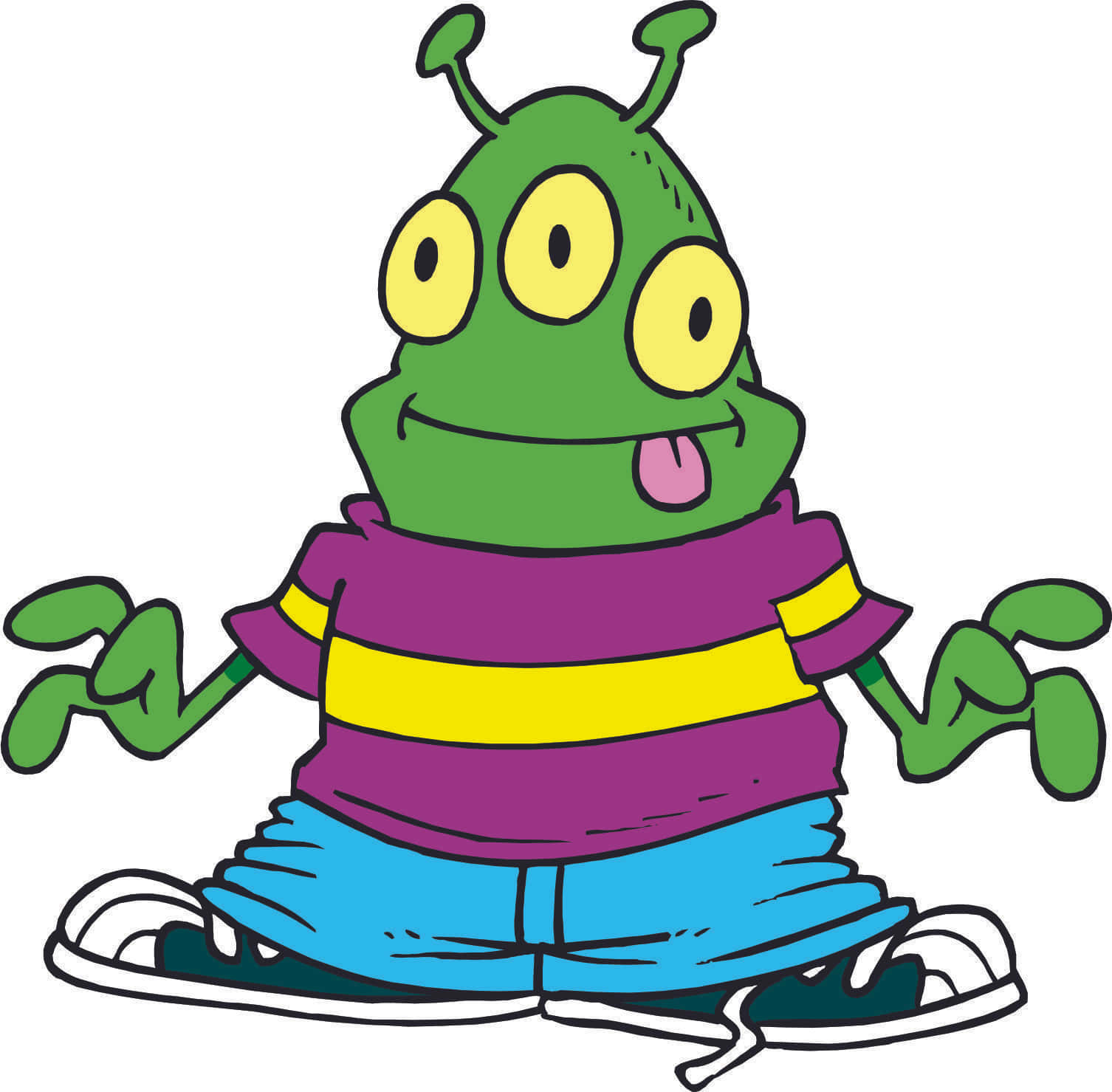 Cartoon Alien 桌布 壁紙 — 一個快樂的綠色卡通外星人，有三隻黃色的眼睛，穿著條紋襯衫和運動鞋，伸出舌頭。