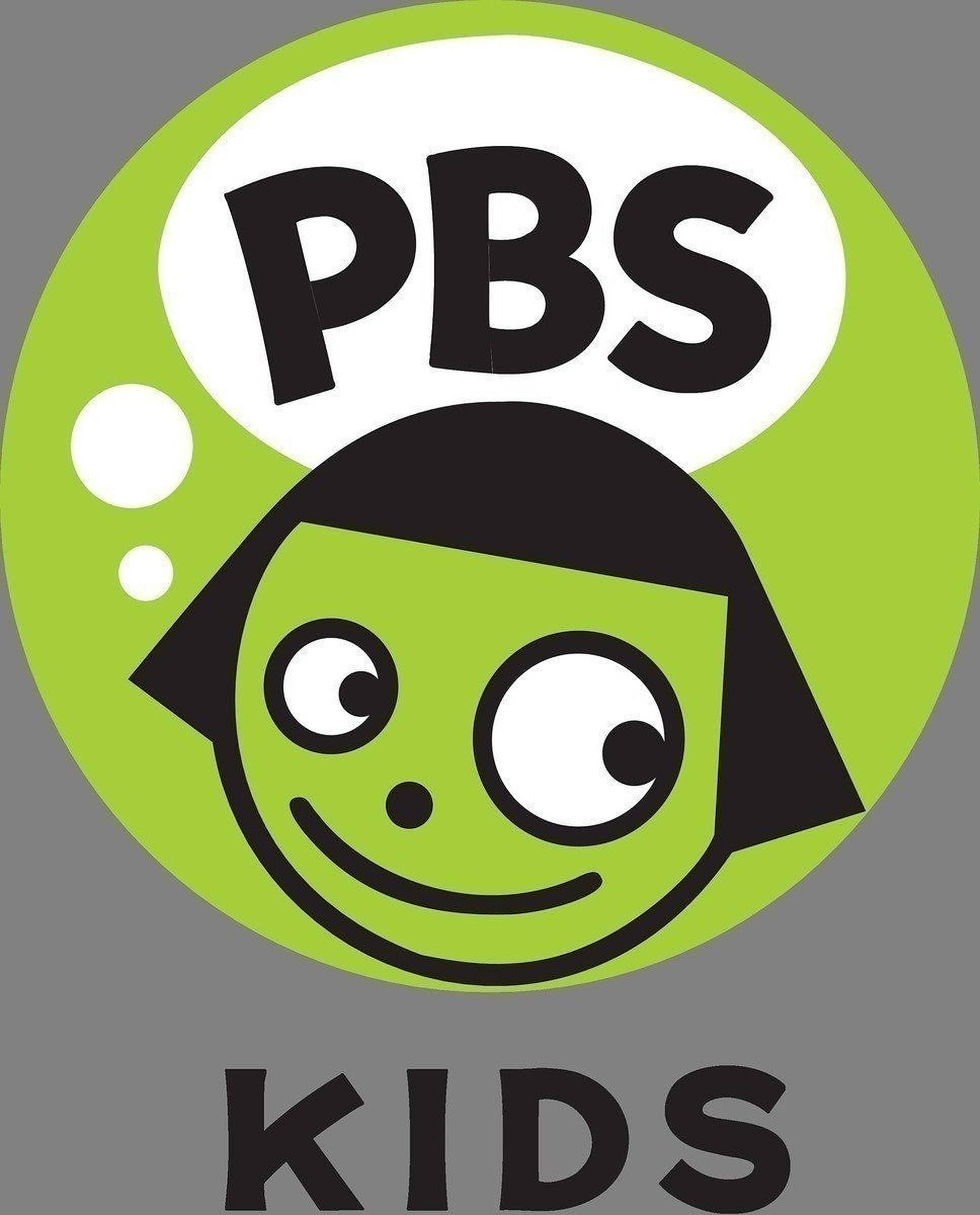 Pbs 桌布 壁紙 — 一個快樂的綠色卡通小孩，大眼睛微笑，在萊姆綠色圓圈內，帶有PBS Kids文字。