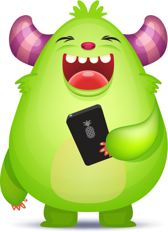 laughter 桌布 壁紙 — 一個快樂的綠色卡通怪物，有紫色角，笑著拿著一個帶有鳳梨手機殼的電話。