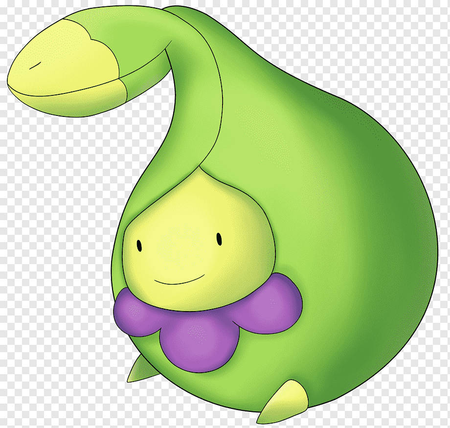 動漫 桌布 壁紙 — 一個快樂的綠色卡通生物，長著長長的彎曲脖子和紫色花朵狀的領子，在方格背景前溫柔地微笑。