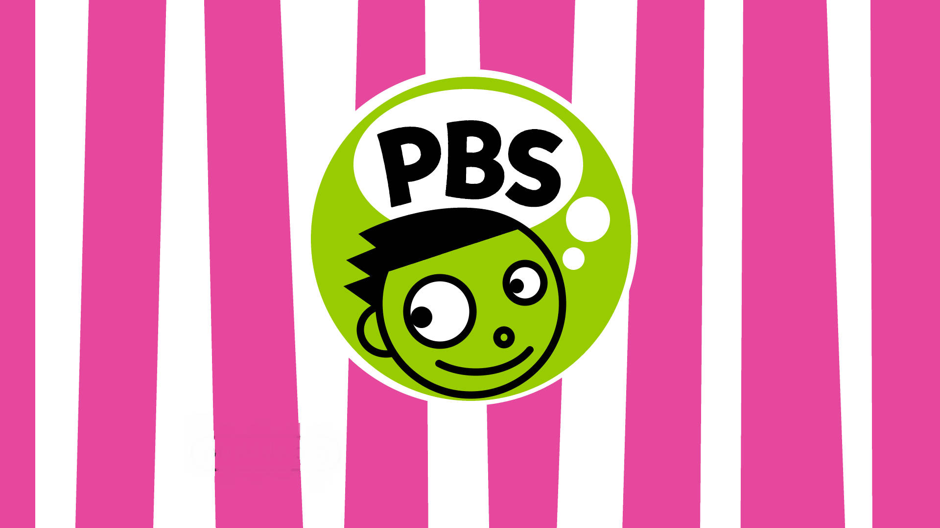 Pbs 桌布 壁紙 — 一個快樂的綠色卡通臉孔，有黑色頭髮和大眼睛，坐在一個萊姆綠色的圓圈內，帶有「PBS」文字，居中在充滿活力的粉紅和白色垂直條紋背景上。