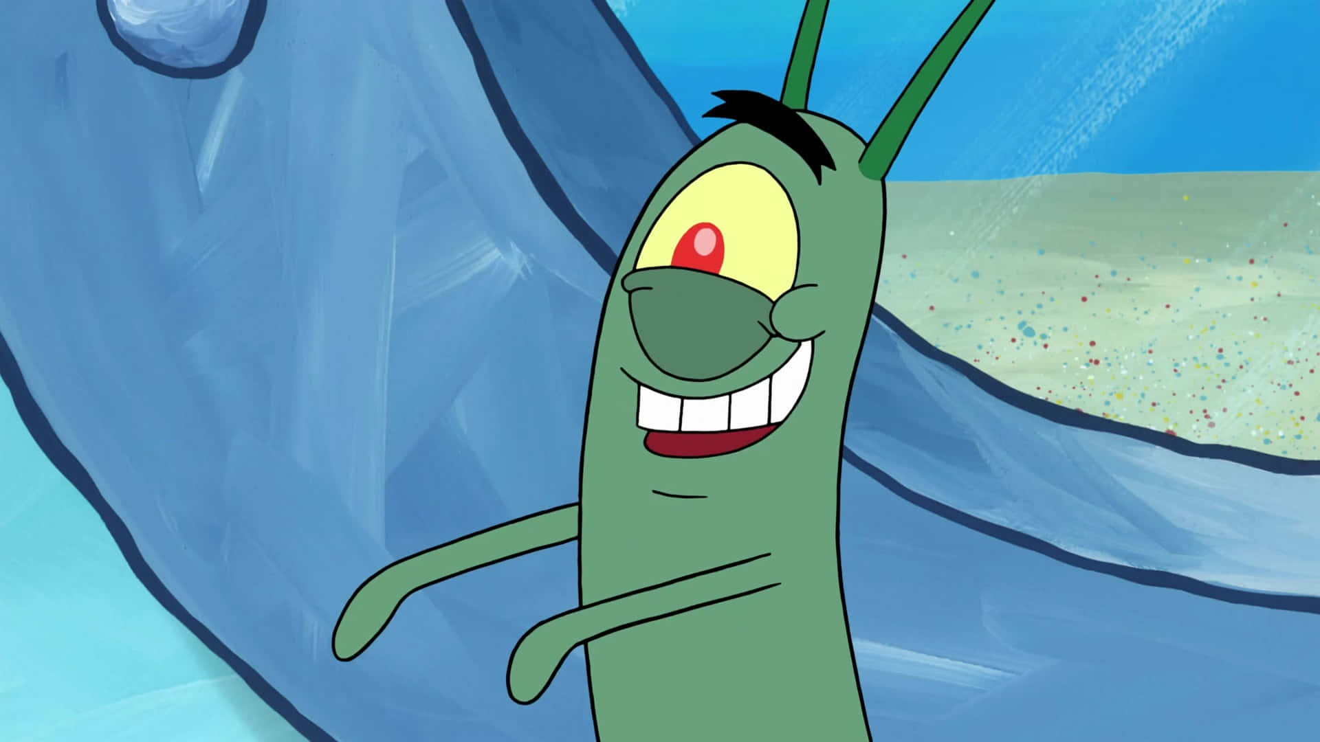 plankton 桌布 壁紙 — 一個快樂的綠色卡通角色，有一隻眼睛和天線，在沙質海底附近的水中微笑。
