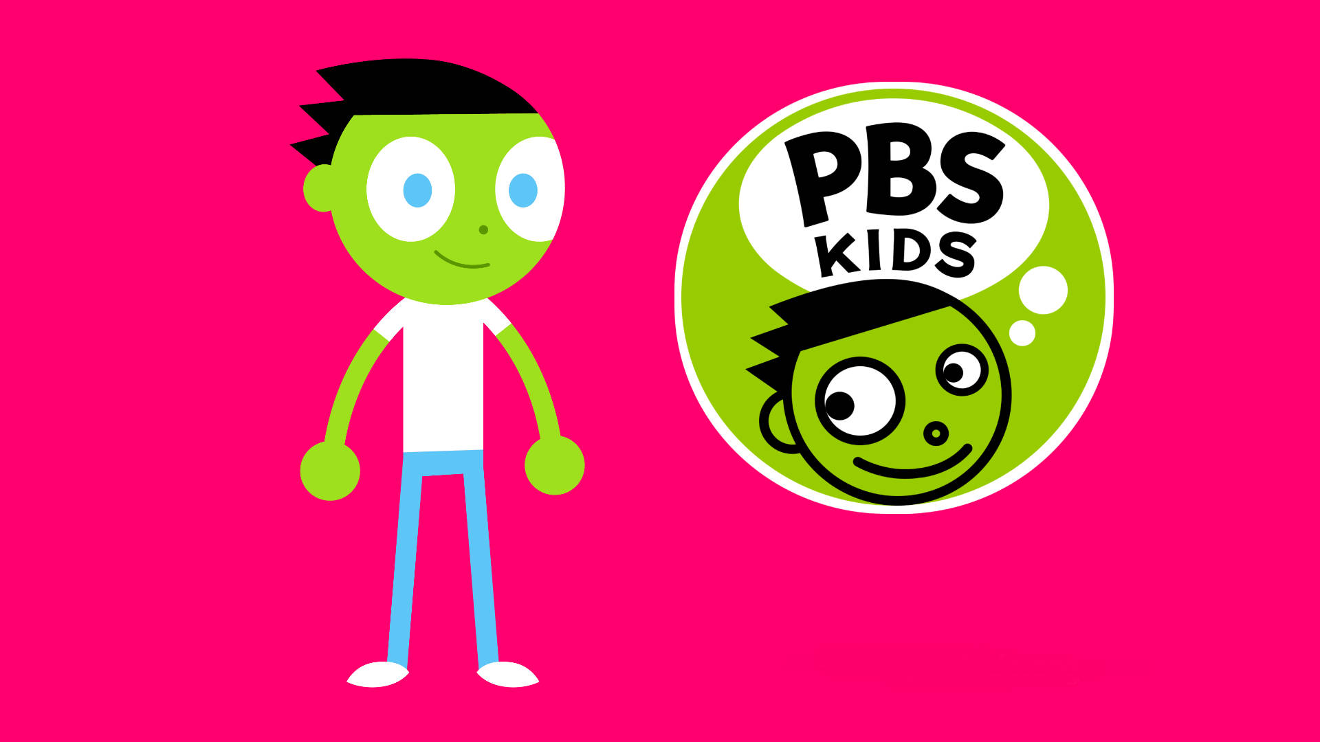 Pbs 桌布 壁紙 — 一個快樂的綠色卡通角色站在PBS Kids標誌旁邊，背景是充滿活力的粉紅色。
