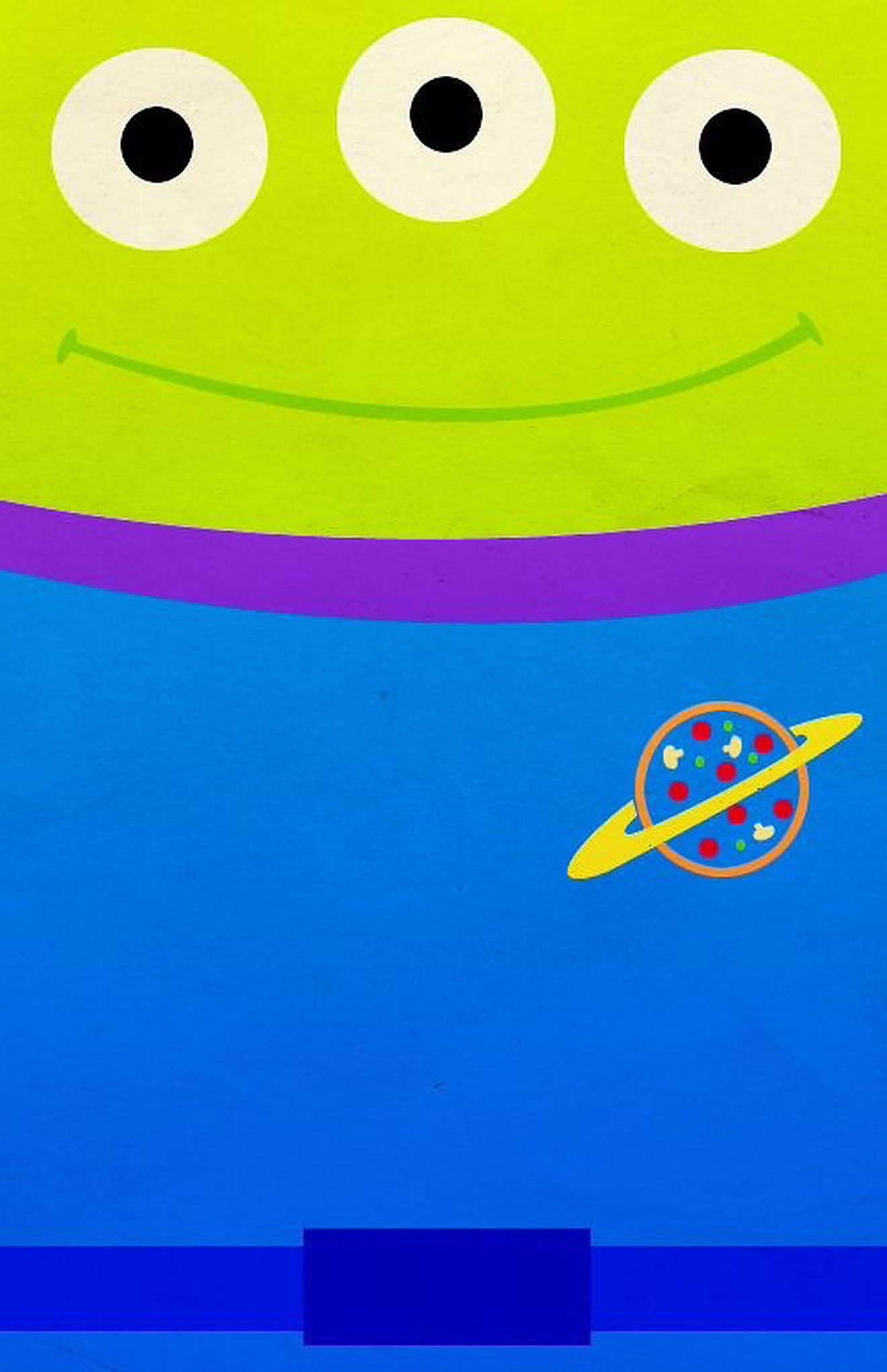 Toy Story Alien 桌布 壁紙 — 一個快樂的綠色外星人，有三隻眼睛和燦爛的笑容，穿著一件帶有星球補丁的藍色襯衫。