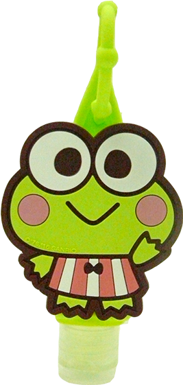 sanrio 桌布 壁紙 — 一個快樂的綠色青蛙角色，有大眼睛和條紋襯衫，站在淺綠色底座上。