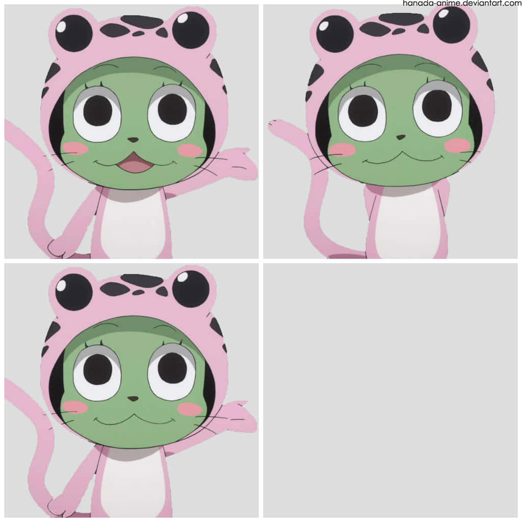 Frosch 桌布 壁紙 — 一個快樂的綠色青蛙角色穿著粉紅色老虎服裝，在三個相同的面板中微笑揮手，背景為純灰色。