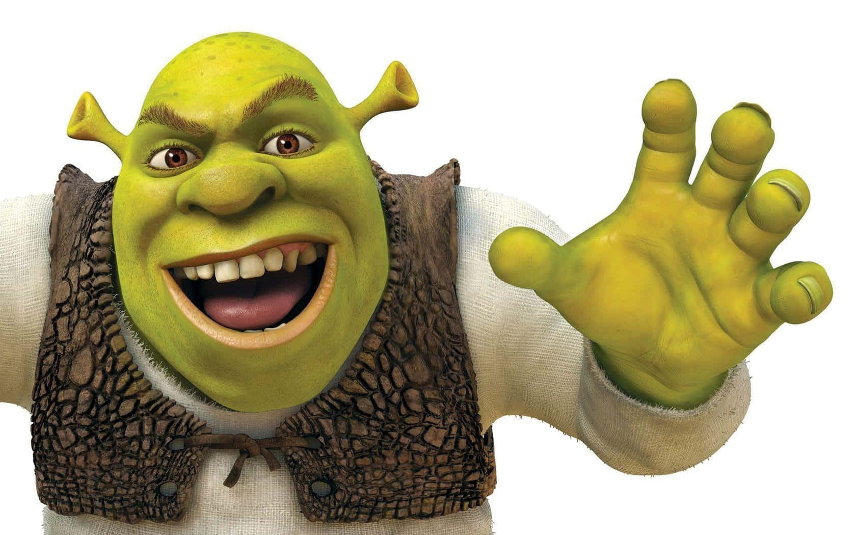 Shrek Funny 桌布 壁紙 — 一個快樂的綠色食人魔，有大耳朵和寬闊的笑容，熱情地向觀眾揮手。