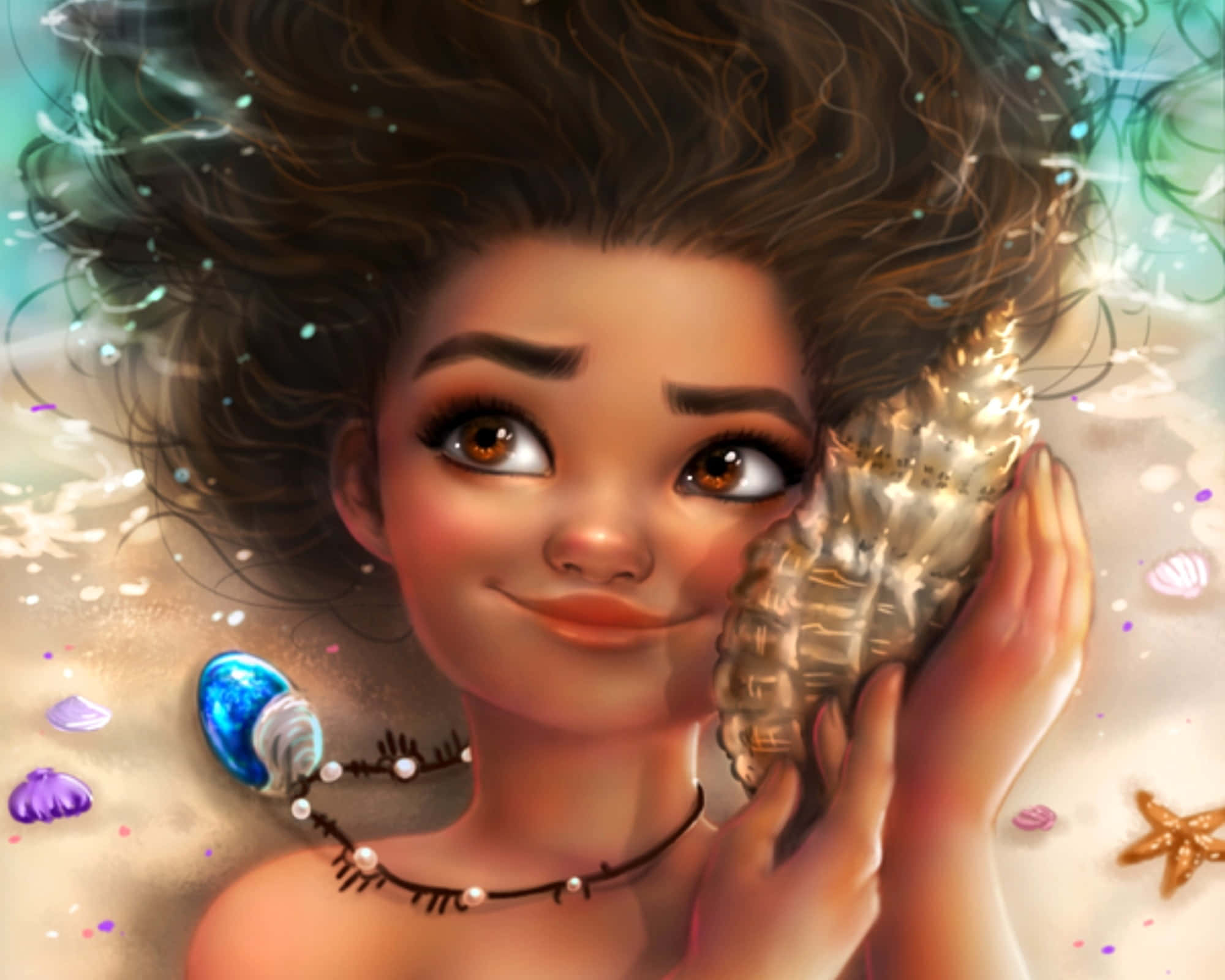海洋奇緣 桌布 壁紙 — 一個快樂的美人魚女孩，有著捲曲的棕色頭髮，在發光的水下氣泡和散落的貝殼中，將一個貝殼貼在耳邊。