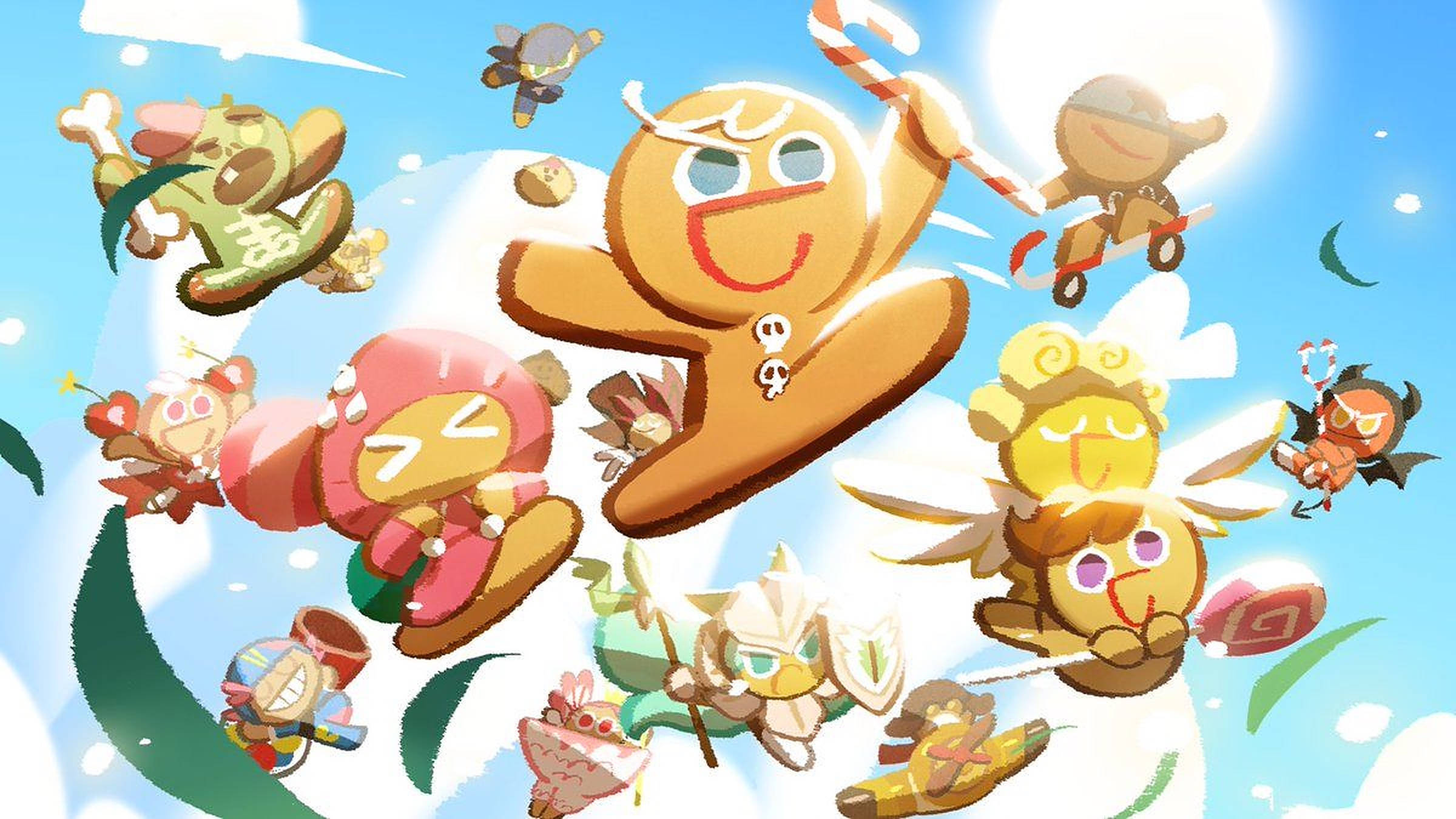 Cookie Run 桌布 壁紙 — 一個快樂的薑餅角色在明亮的天空中跳躍，伴隨著異想天開的餅乾朋友，在充滿活力的卡通場景中。