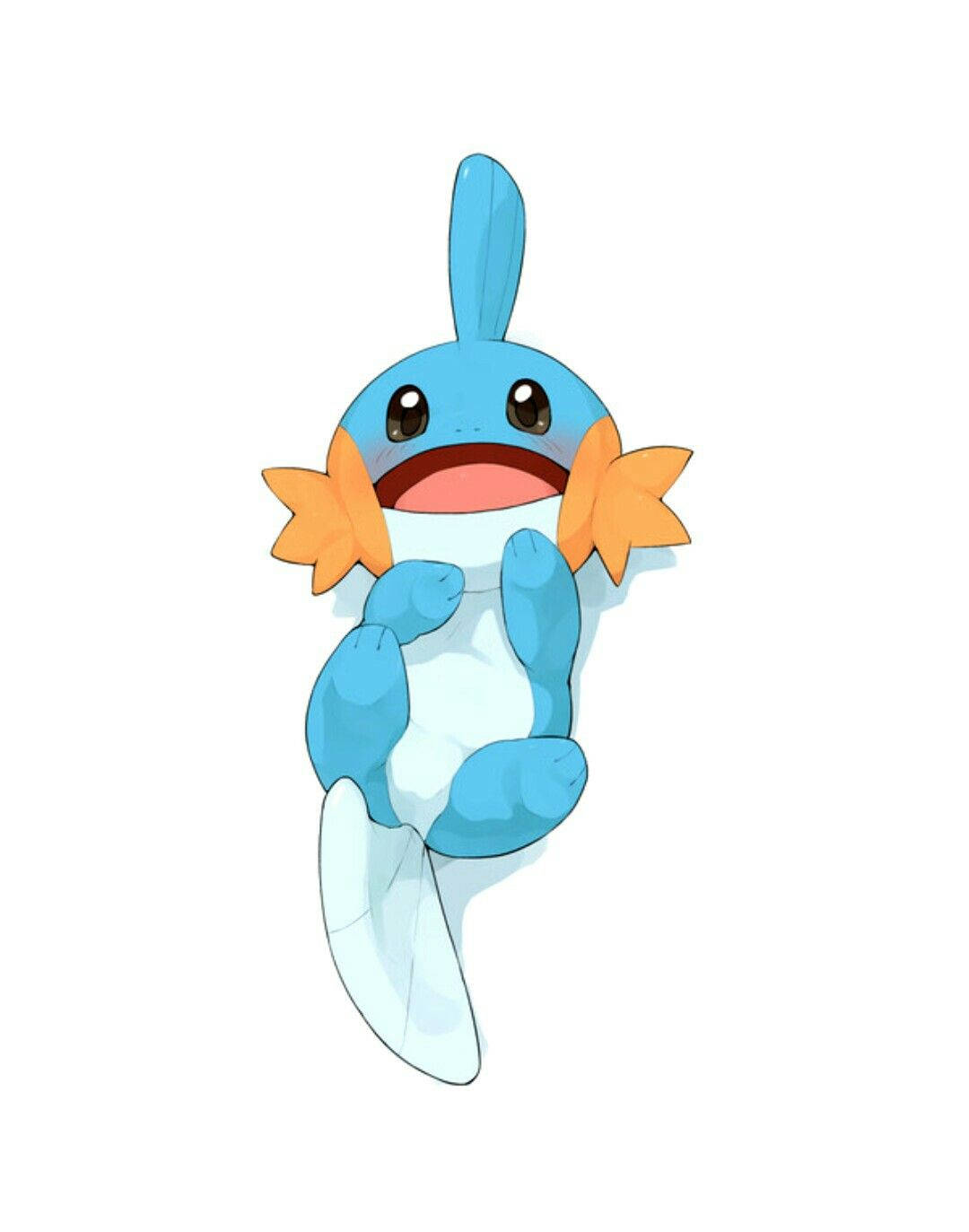 Mudkip 桌布 壁紙 — 一個快樂的藍白卡通青蛙狀生物，有橙色星形臉頰和一張大開的嘴巴，背景是純白色。