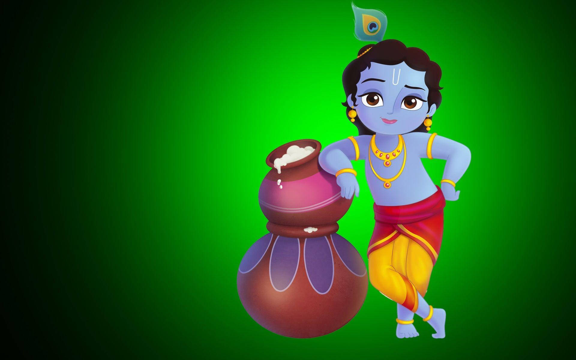 Little Krishna 桌布 壁紙 — 一個快樂的藍皮膚動畫小孩，戴著孔雀羽毛皇冠，在充滿活力的綠色漸變背景前拿著一大鍋牛奶。