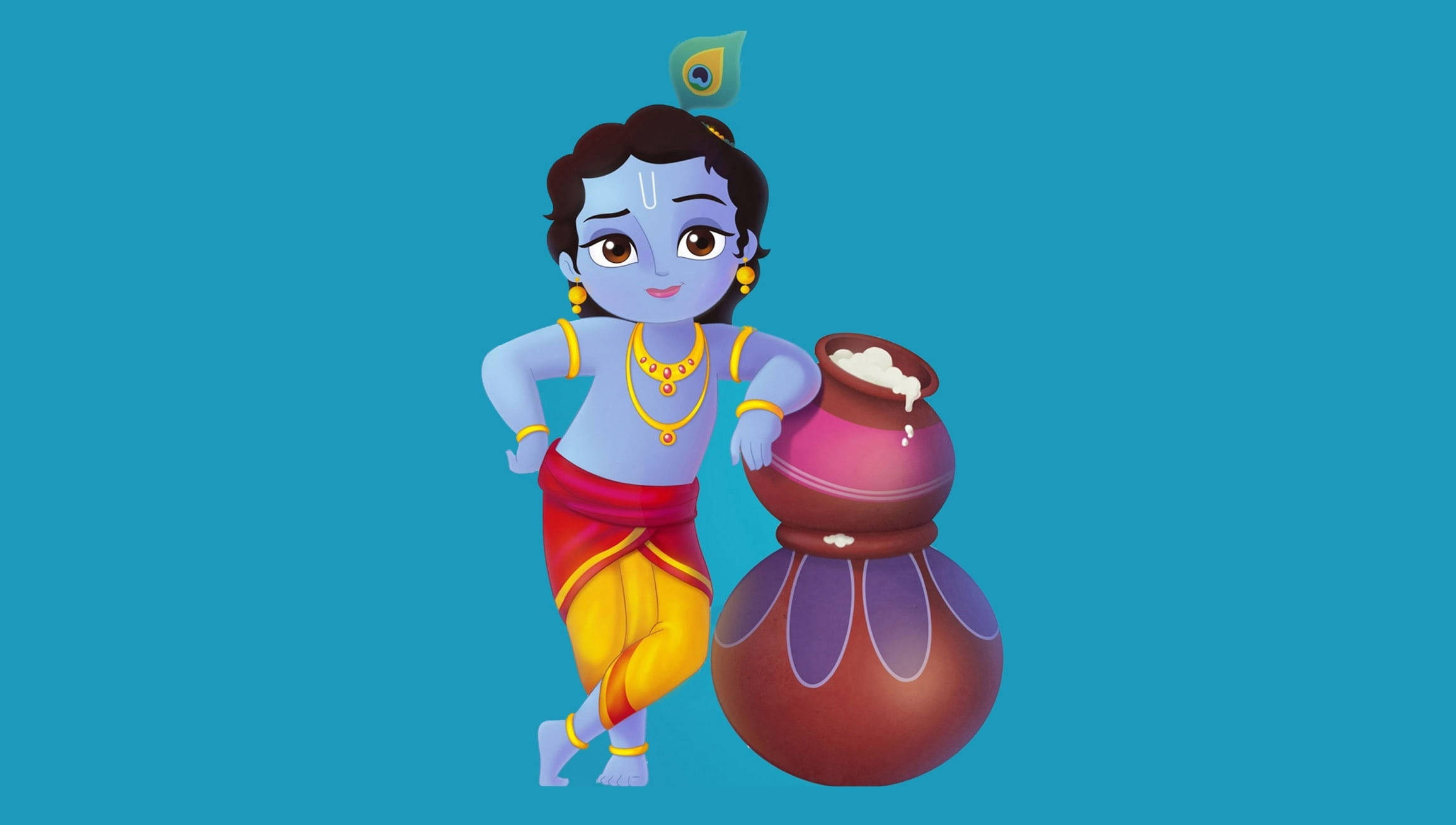 animated krishna 桌布 壁紙 — 一個快樂的藍皮膚動畫小孩戴著孔雀羽毛皇冠，拿著一個大陶罐，在純青色背景前溢出白色物質。